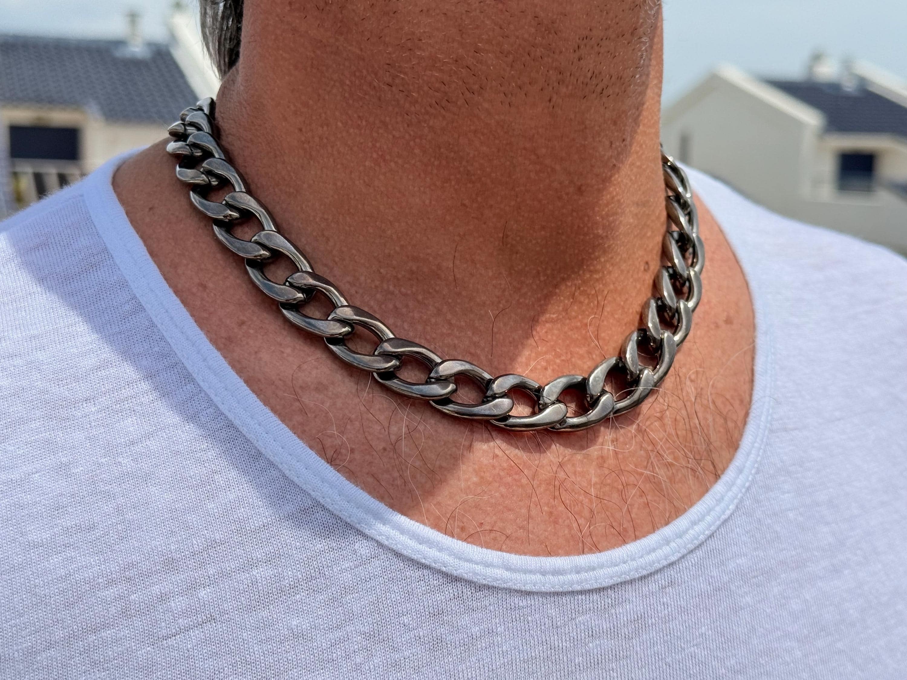 Men’s chunky graphite cuban chain – bold matte finish – lightweight aluminum necklace – urban handmade jewelry
