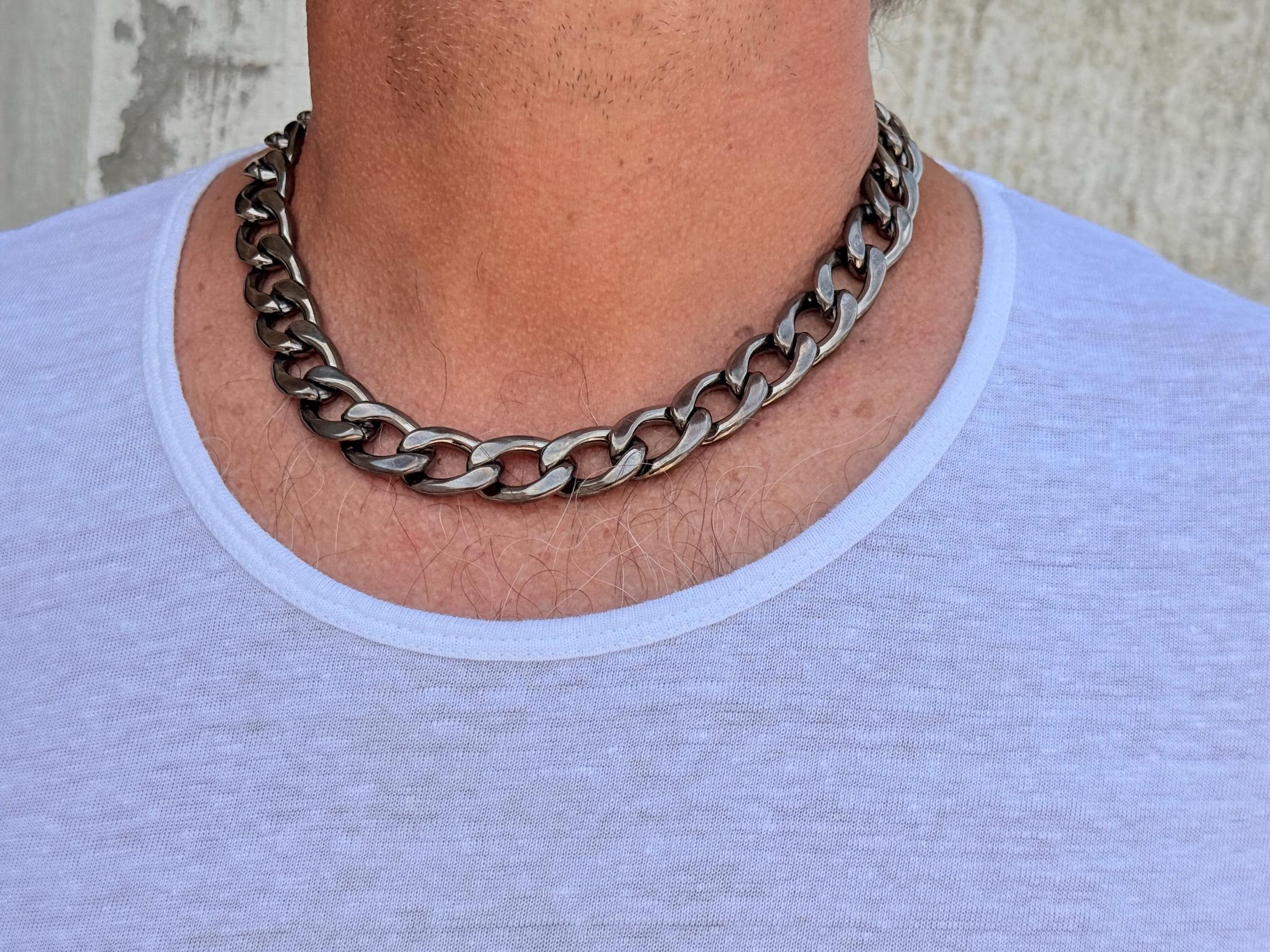 Men’s chunky graphite cuban chain – bold matte finish – lightweight aluminum necklace – urban handmade jewelry