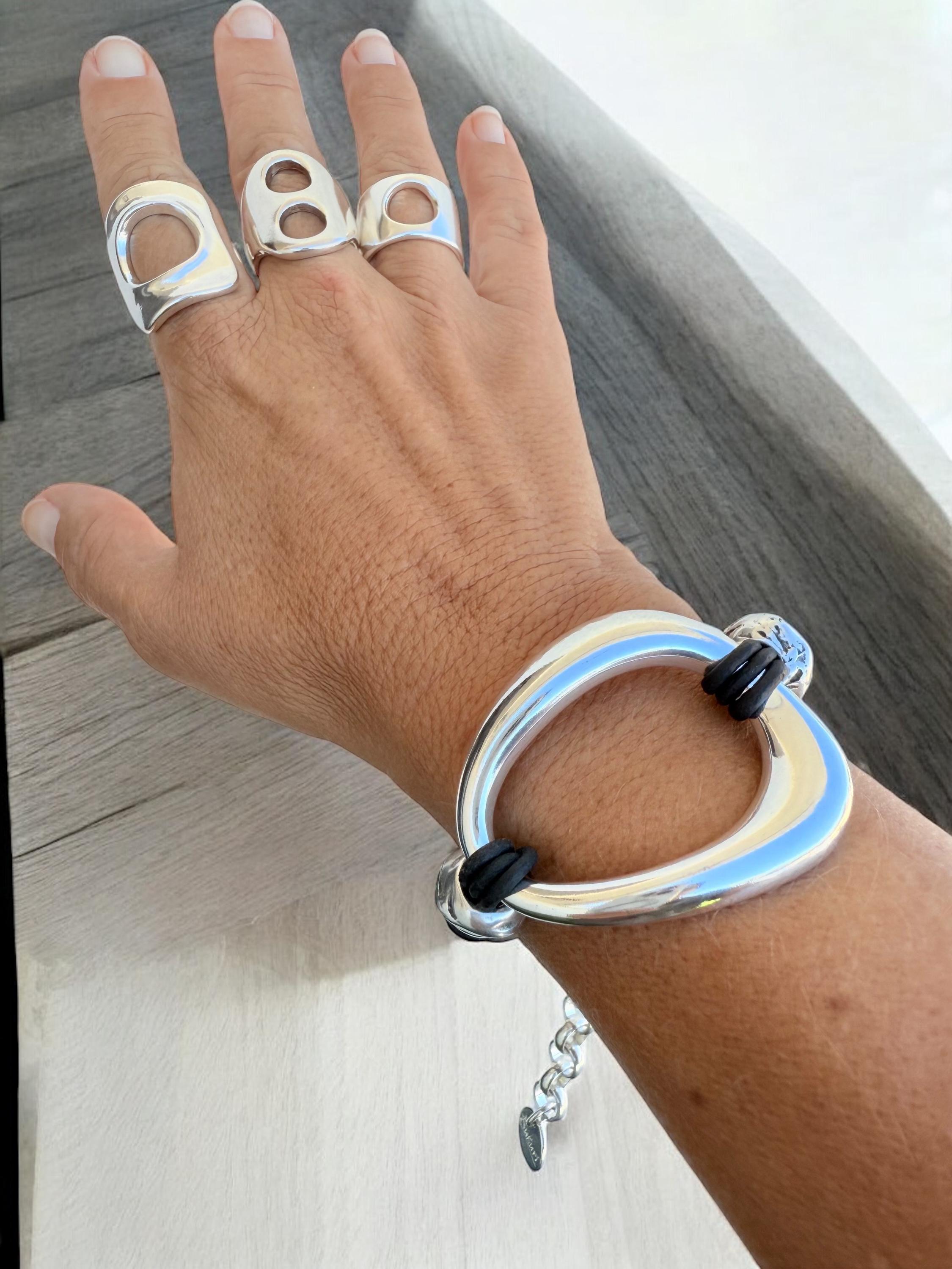 Chunky leather & silver bold bracelet – brutalist boho style – adjustable – handmade kukuri jewelry