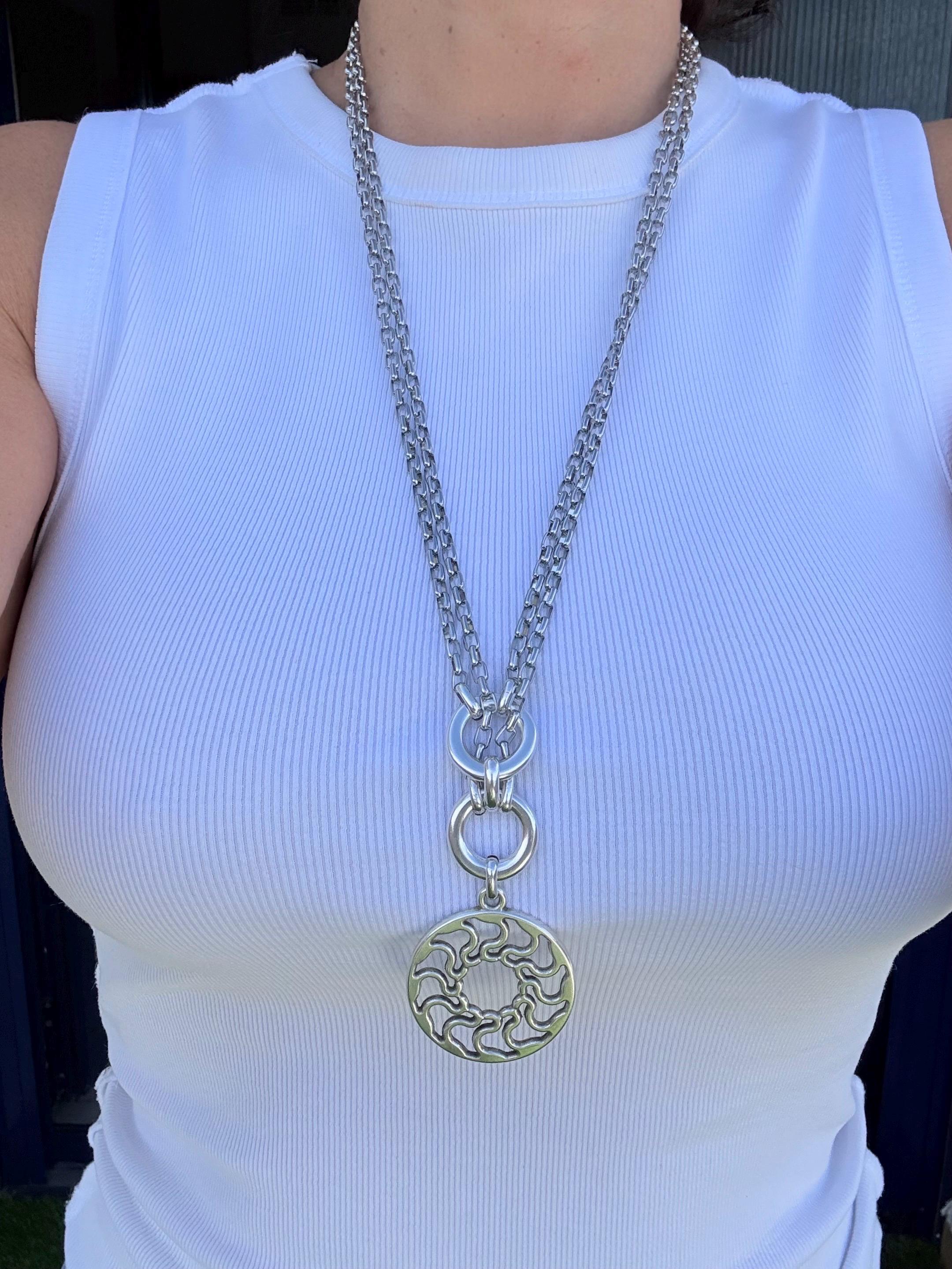 Double circle chunky necklace with carved mandala pendant – layered chain – dark silver finish – handmade kukuri jewelry