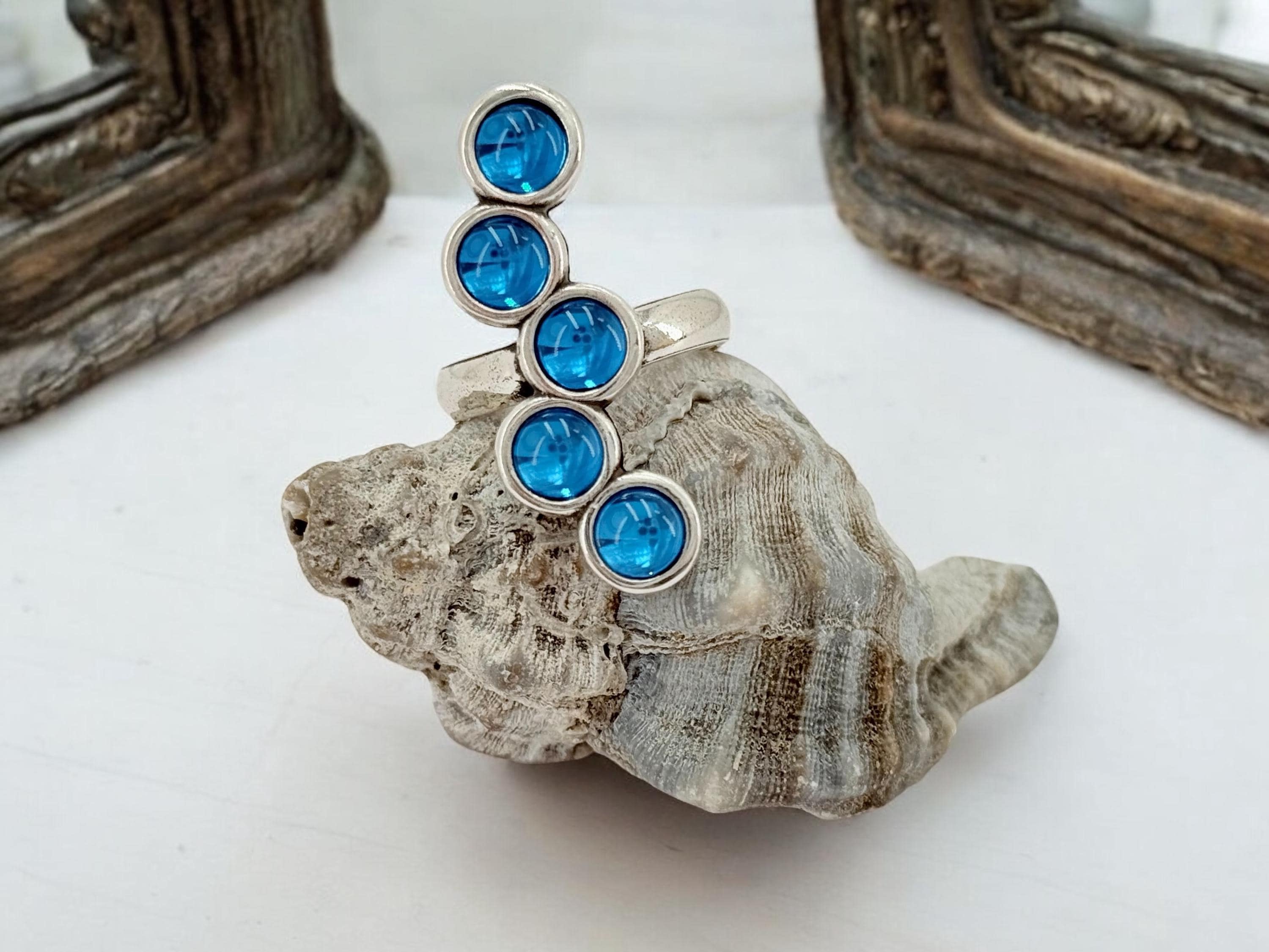 Chunky silver blue crystal ring, oversized jewelry – adjustable size