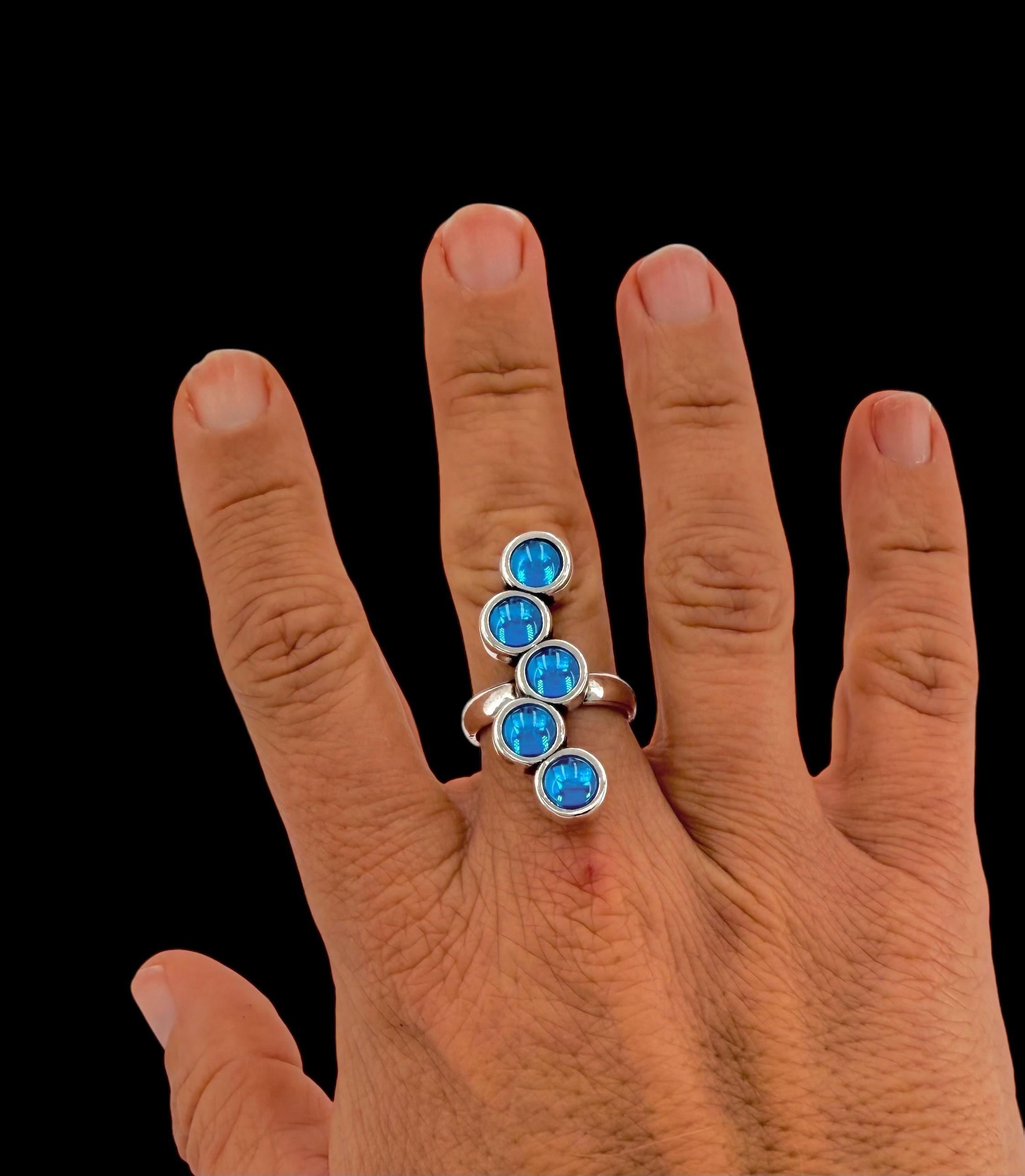 Chunky silver blue crystal ring, oversized jewelry – adjustable size
