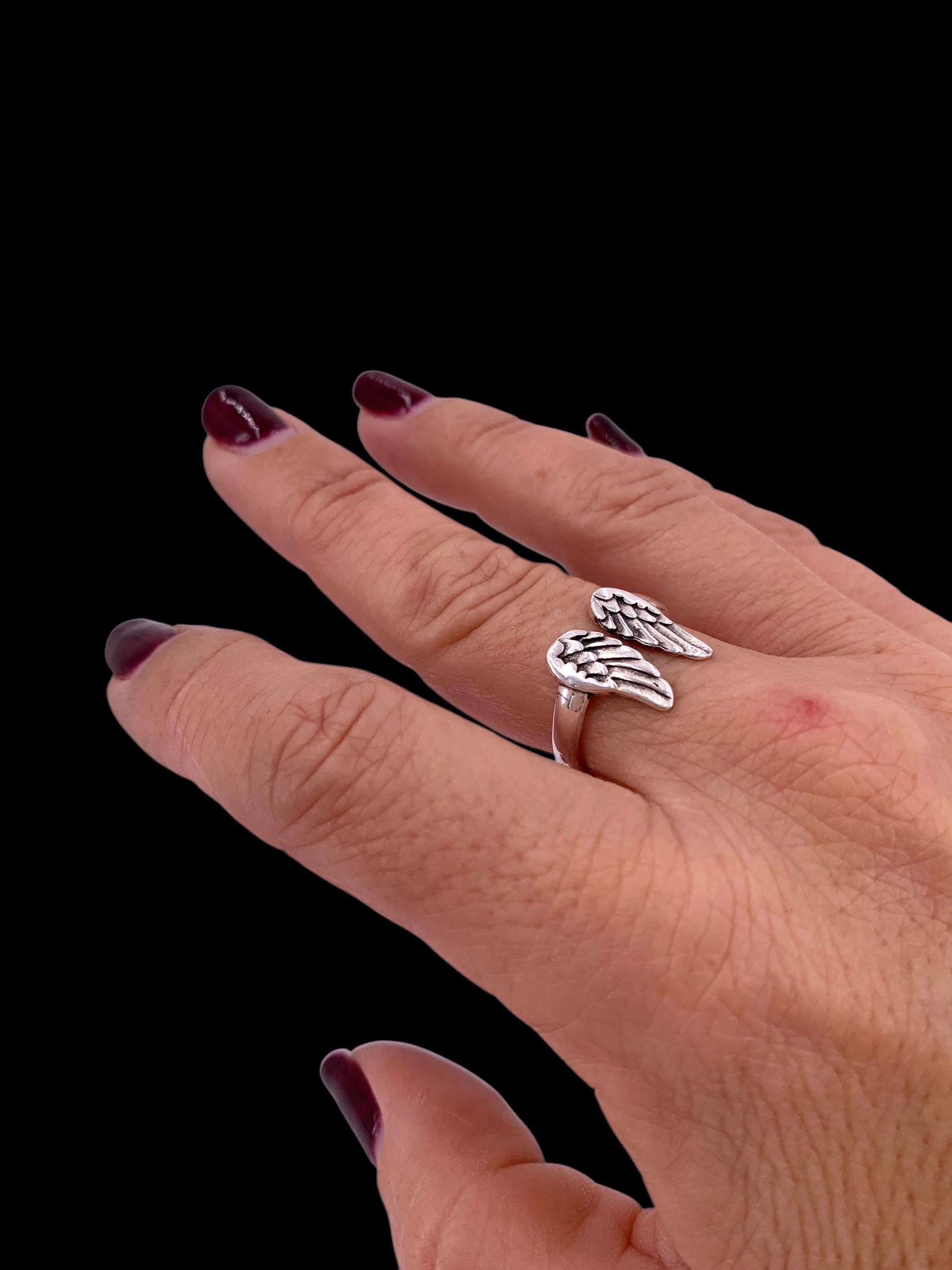 Boho angel wings ring – adjustable open silver band with celestial design – symbolic birthday gift for her