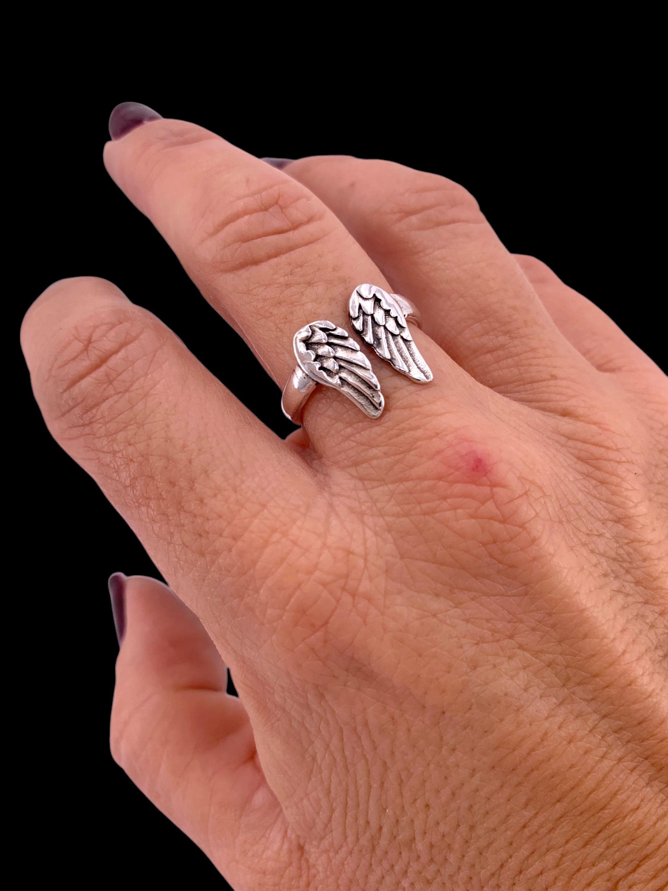 Boho angel wings ring – adjustable open silver band with celestial design – symbolic birthday gift for her