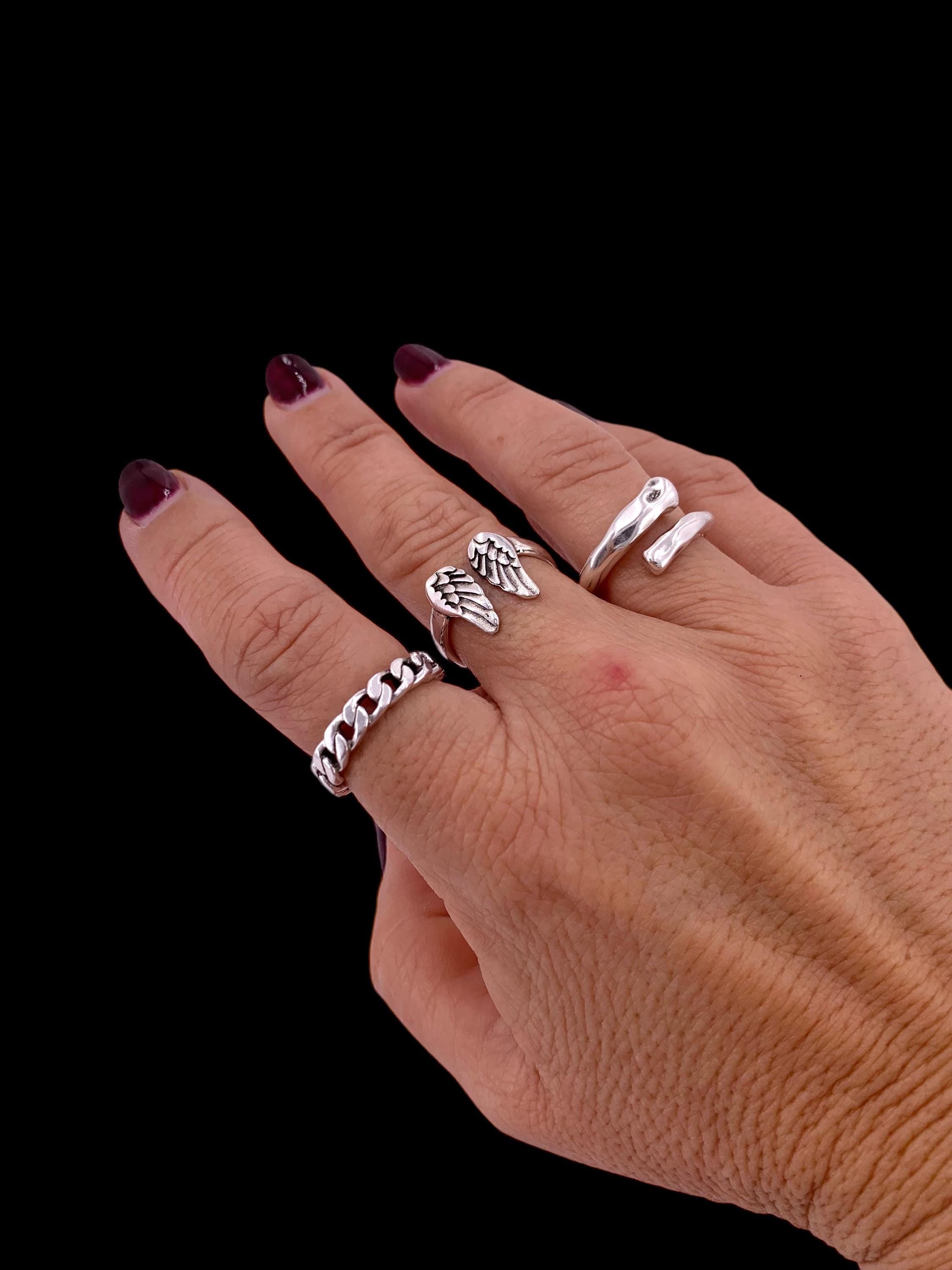 Boho angel wings ring – adjustable open silver band with celestial design – symbolic birthday gift for her