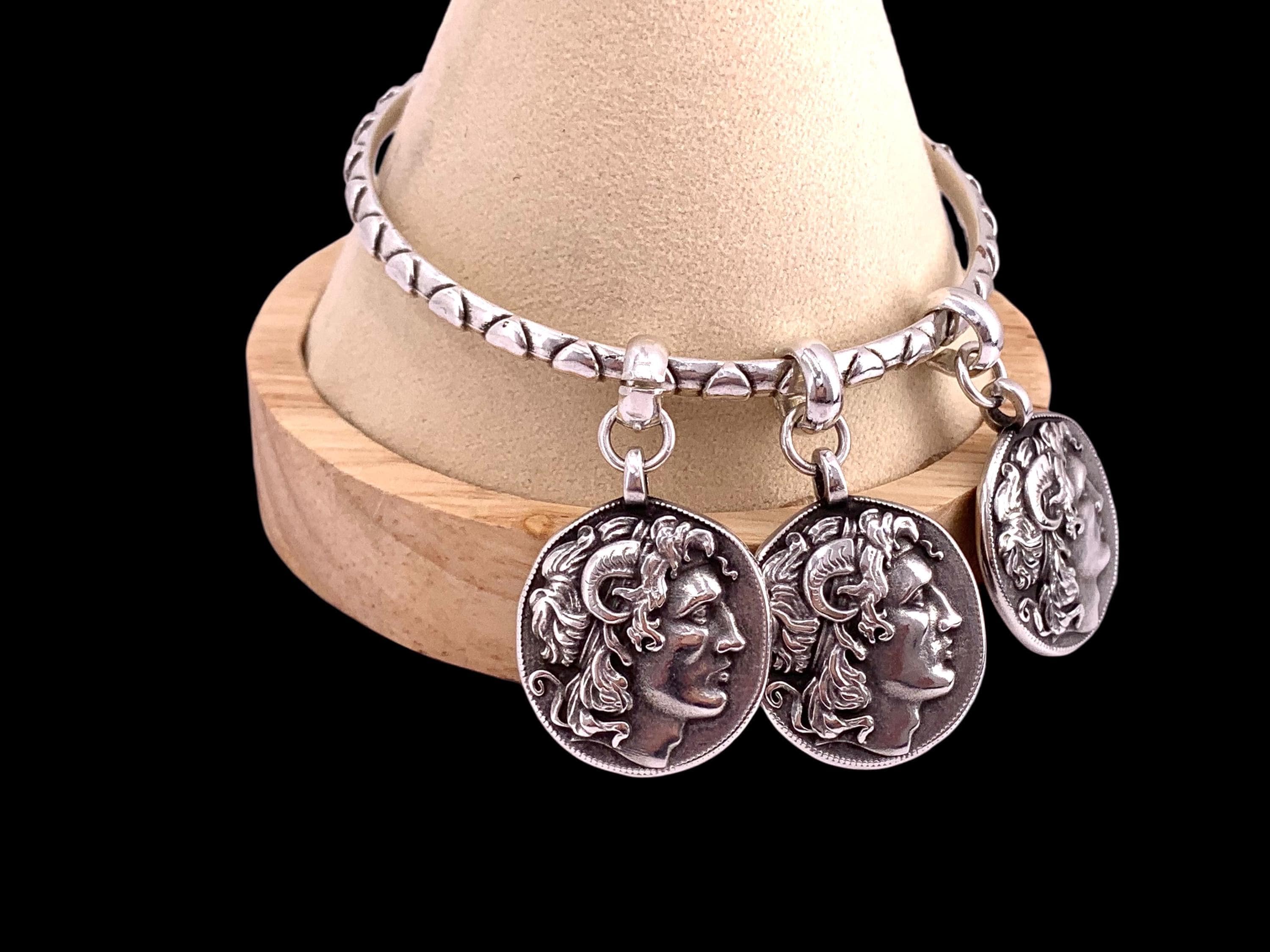 Antique silver coin bangle – alexander the great charms – heart engraved cuff – stackable rigid bracelet – handmade kukuri jewelry