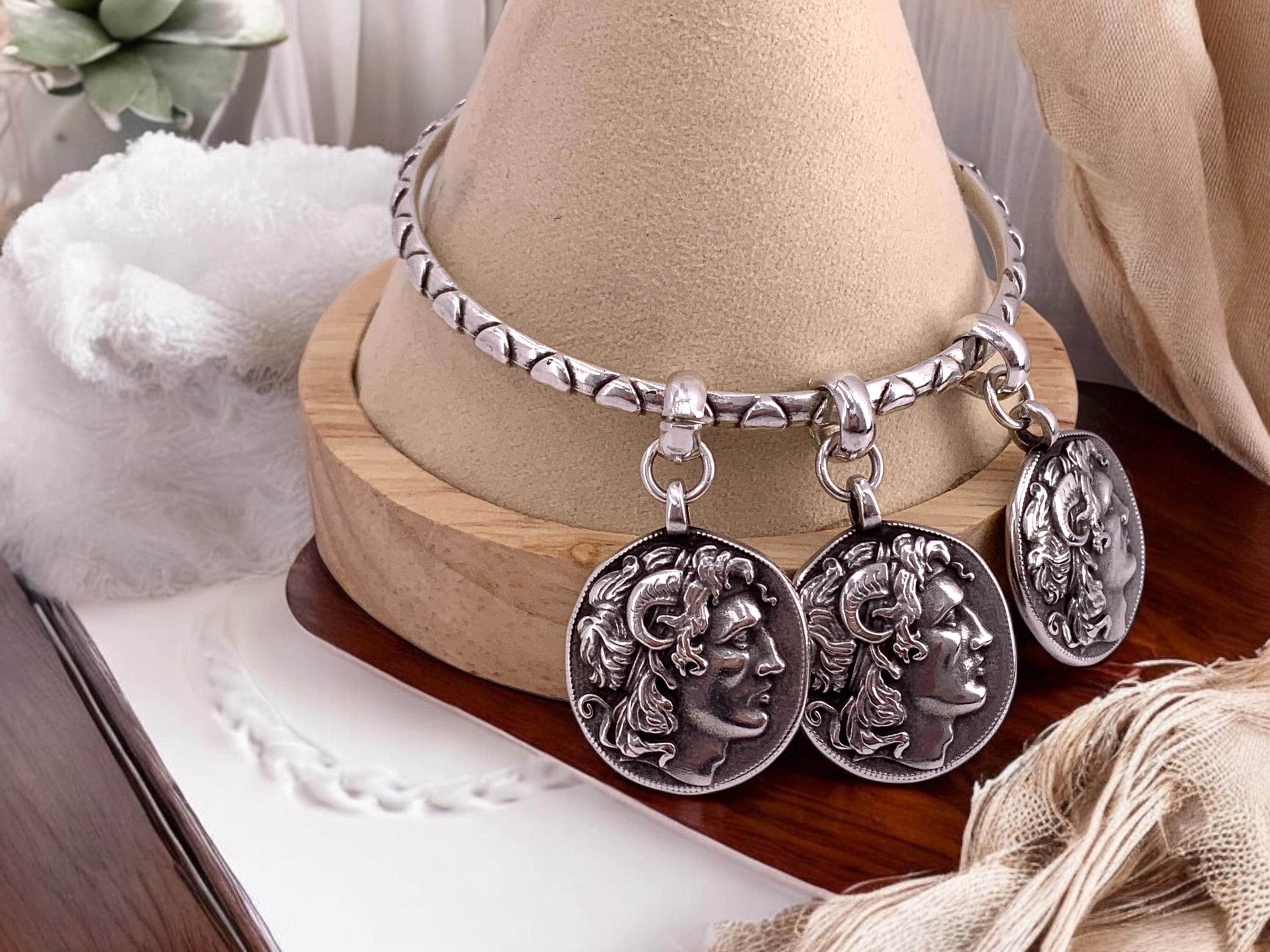 Antique silver coin bangle – alexander the great charms – heart engraved cuff – stackable rigid bracelet – handmade kukuri jewelry