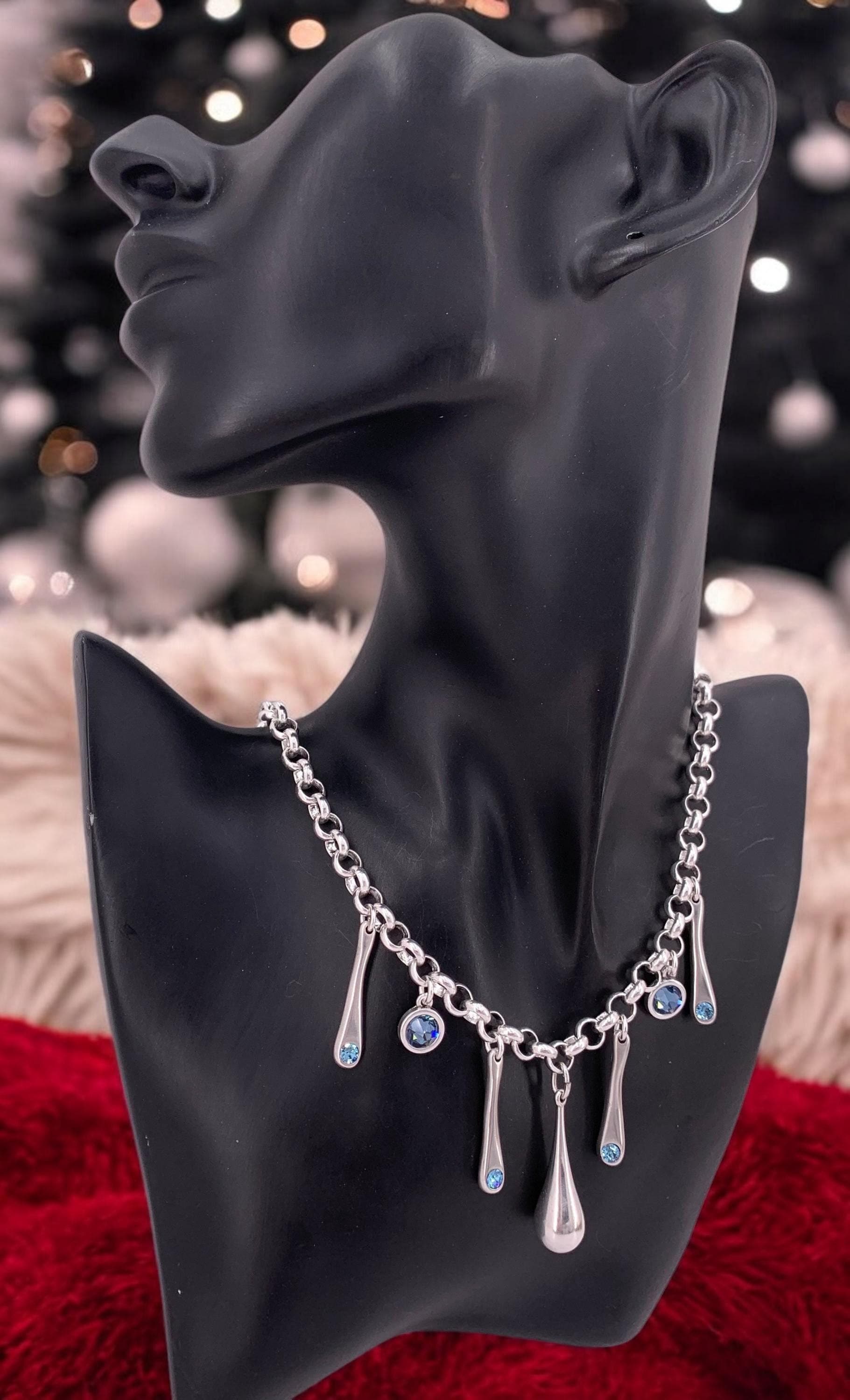Swarovski crystal charms chunky silver chain toggle necklace, bold chain charms necklace, , drop pendant bulky necklace, gift