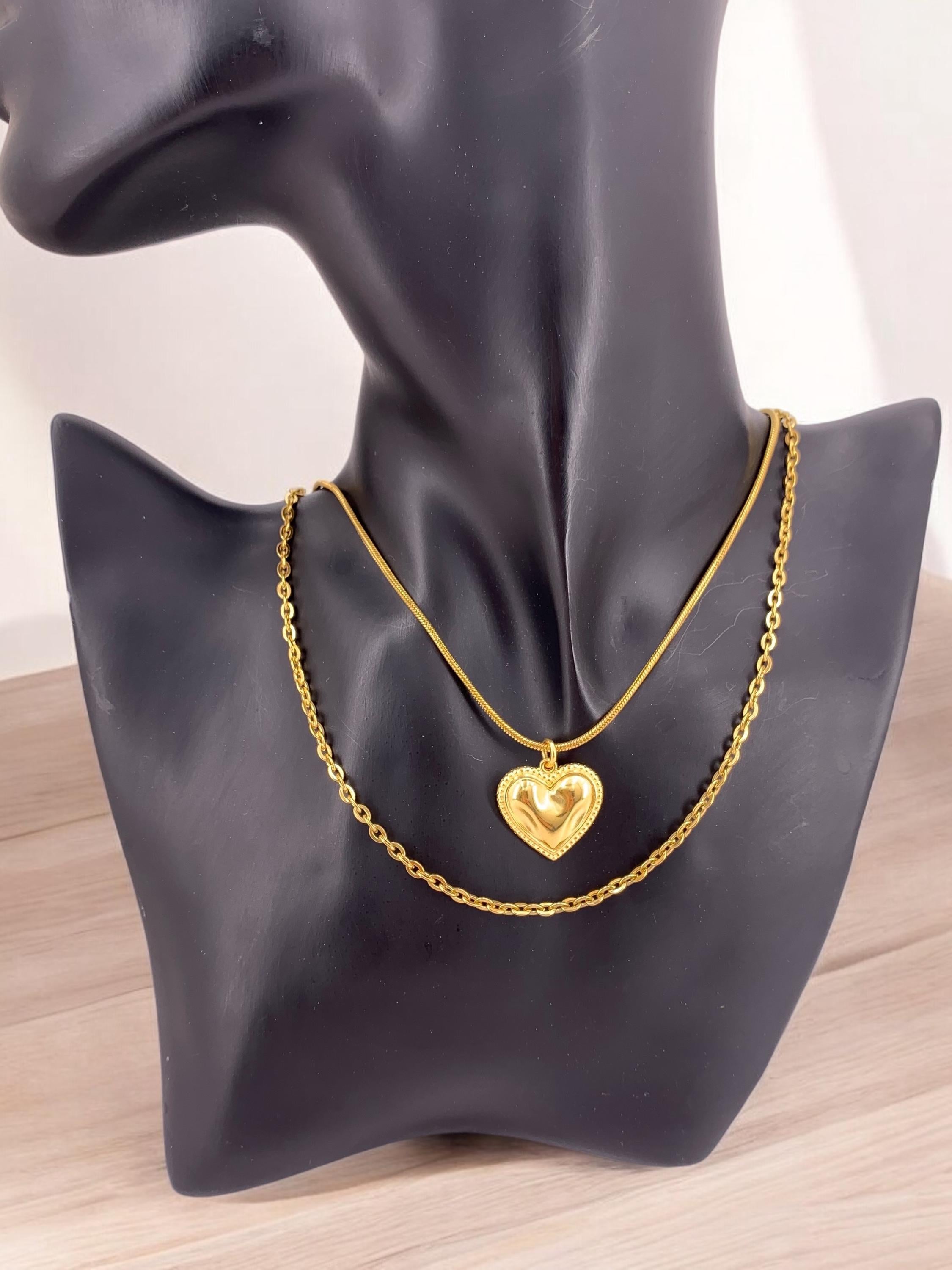 Double strand hammered heart pendant necklace, gold layering necklace, double layer gold chain necklace, bohemian necklace, gift for women