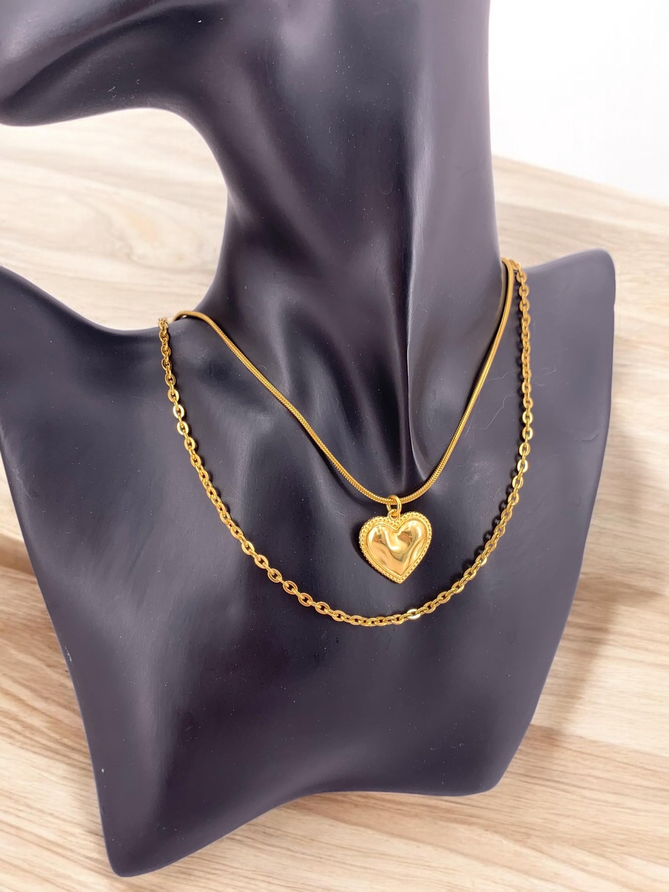 Double strand hammered heart pendant necklace, gold layering necklace, double layer gold chain necklace, bohemian necklace, gift for women