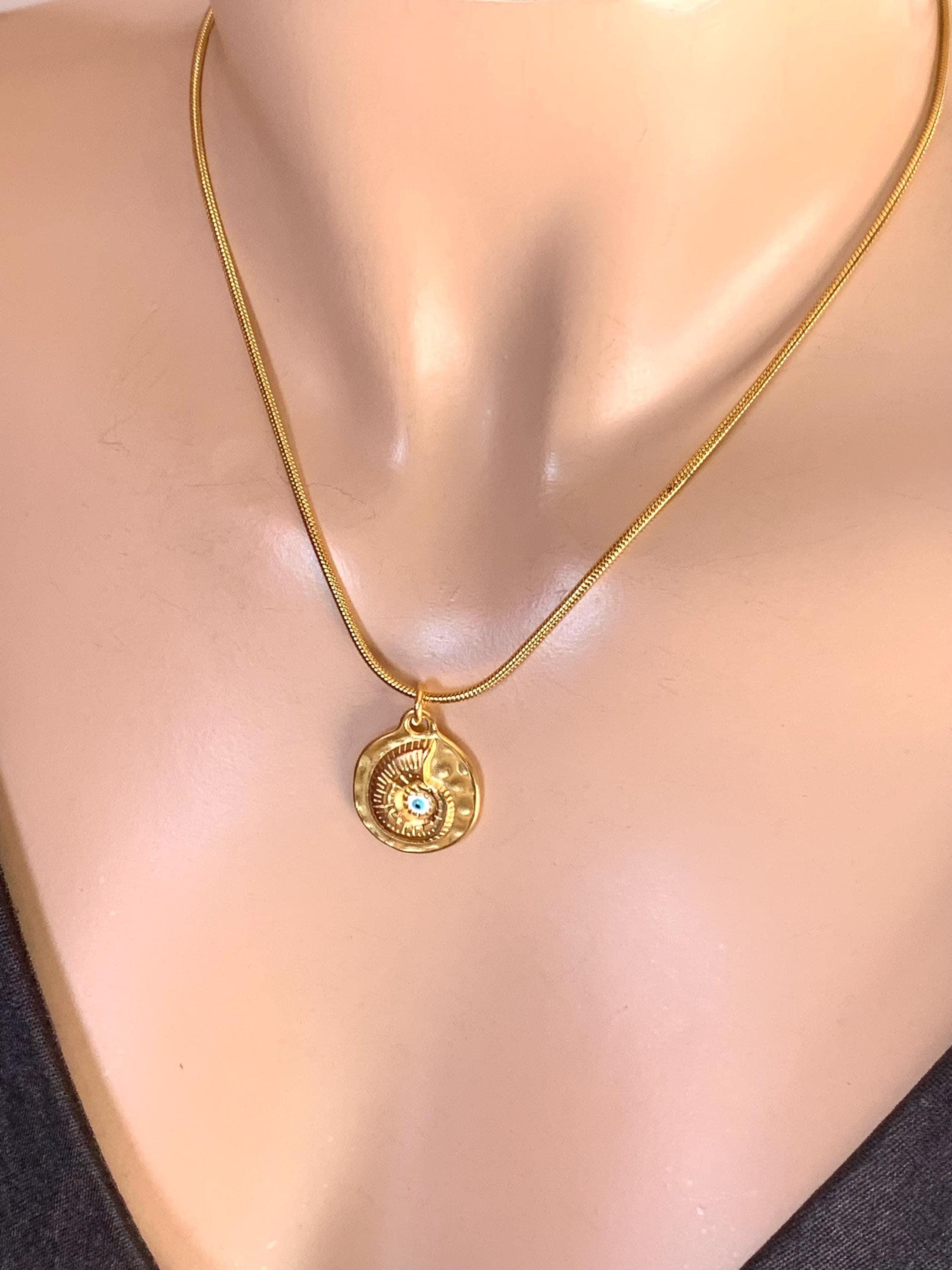 Handmade gold stainless steel chain necklace with sheel pendant, summer coastal jewelry