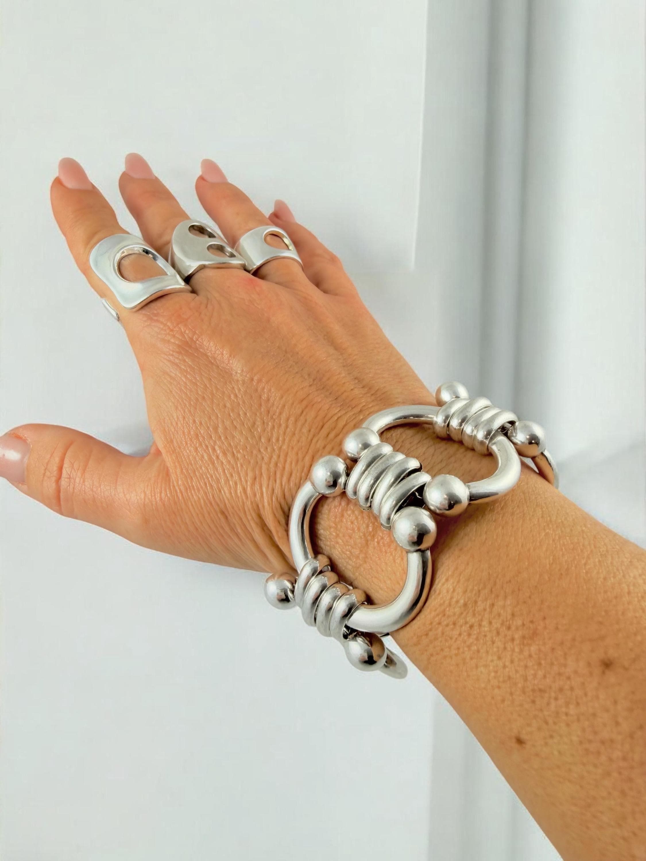 Chunky silver-plated equestrian link bracelet – bold statement chain – adjustable fit for larger wrist