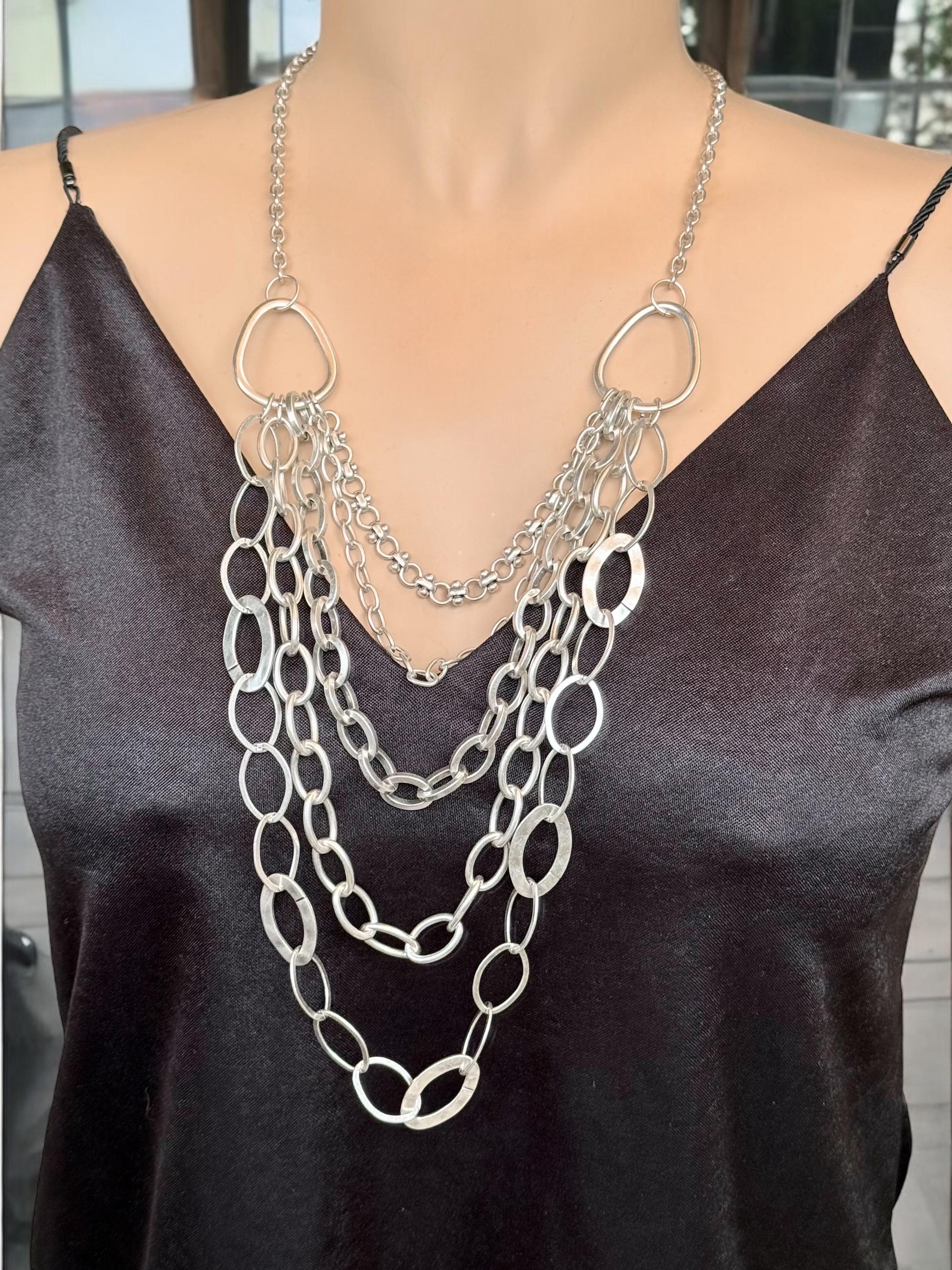 Multi strand layered extra long silver plated chain artisian necklace