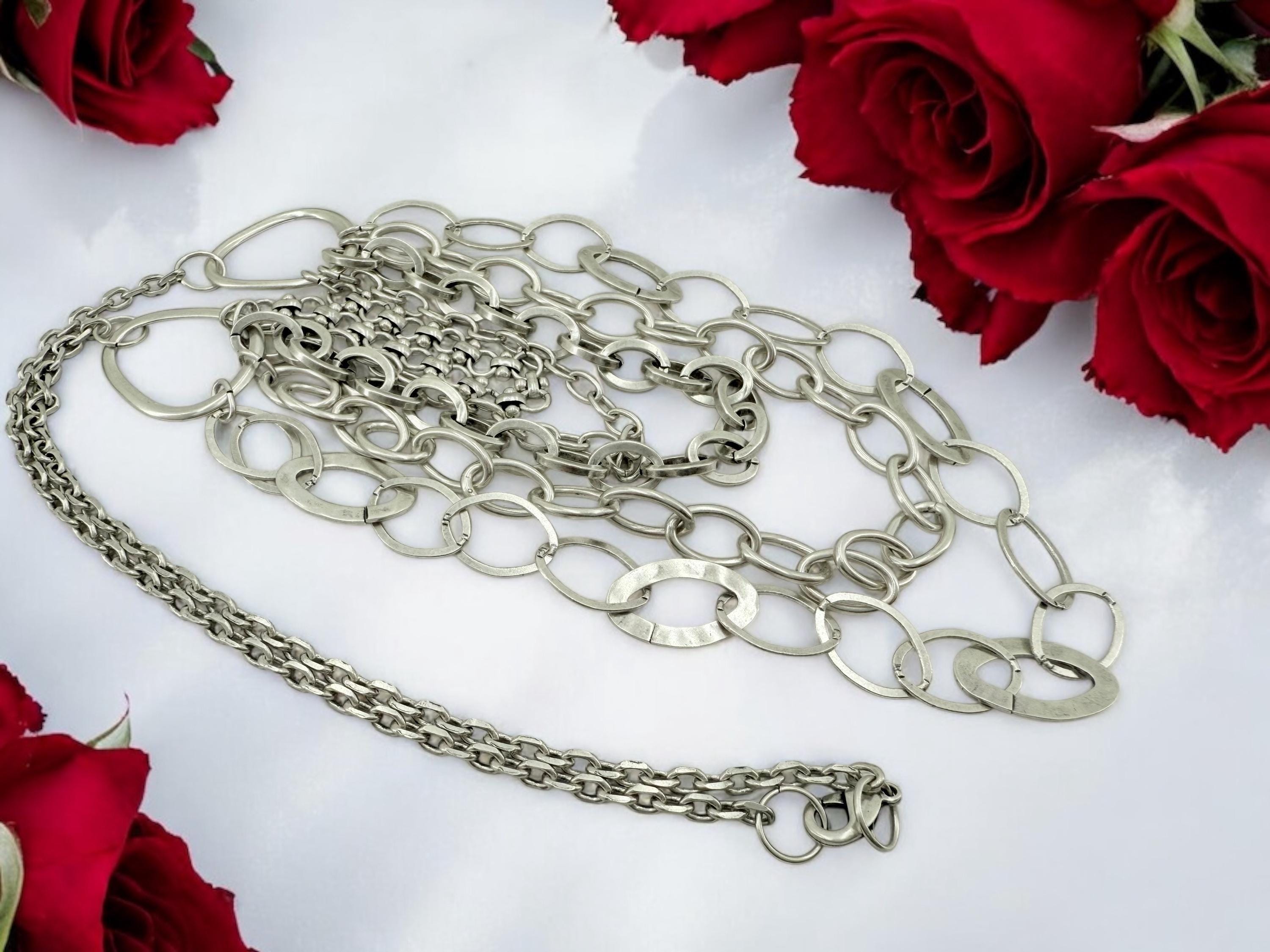 Multi strand layered extra long silver plated chain artisian necklace