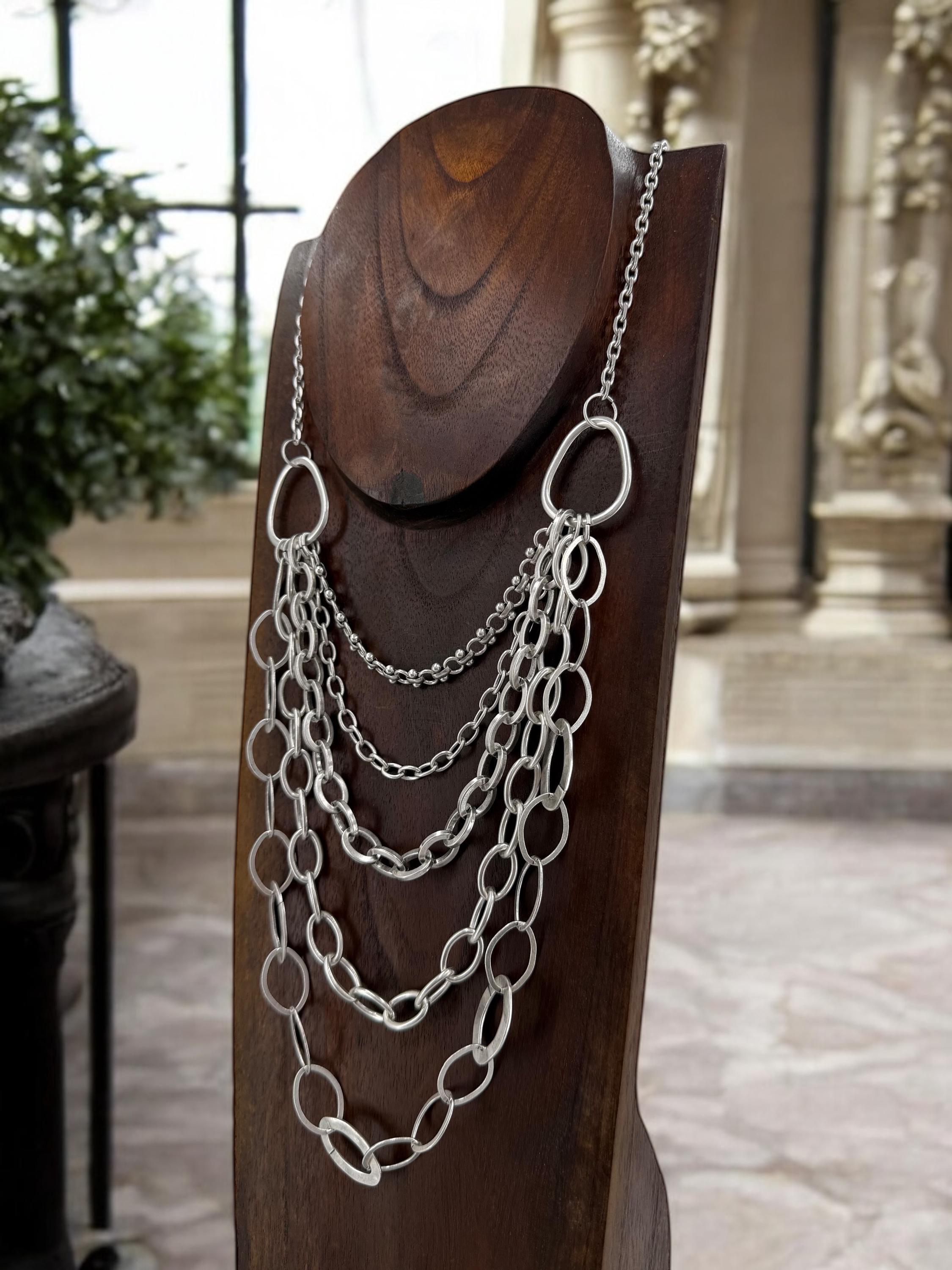 Multi strand layered extra long silver plated chain artisian necklace