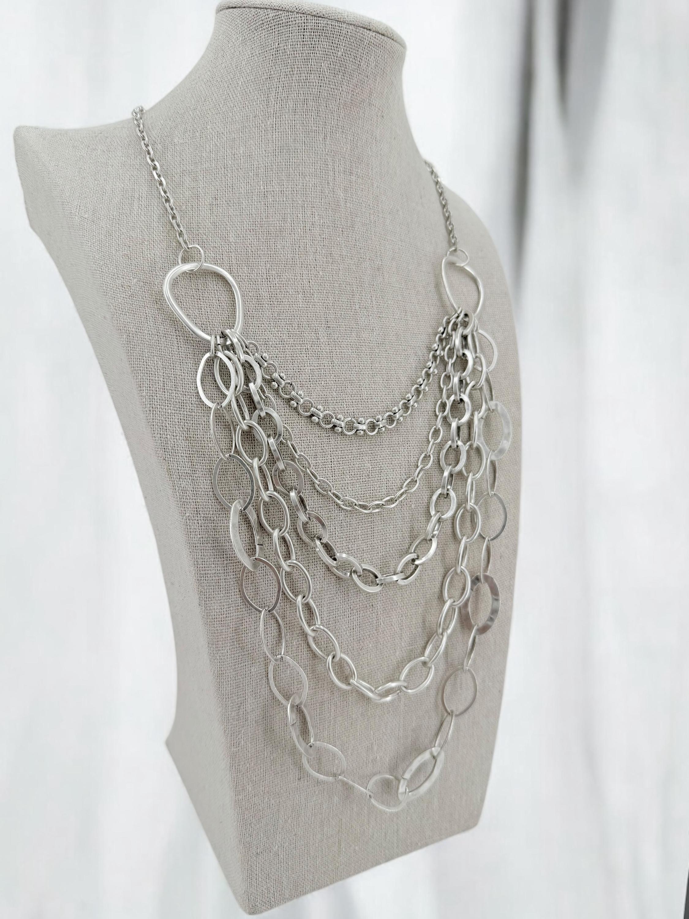 Multi strand layered extra long silver plated chain artisian necklace