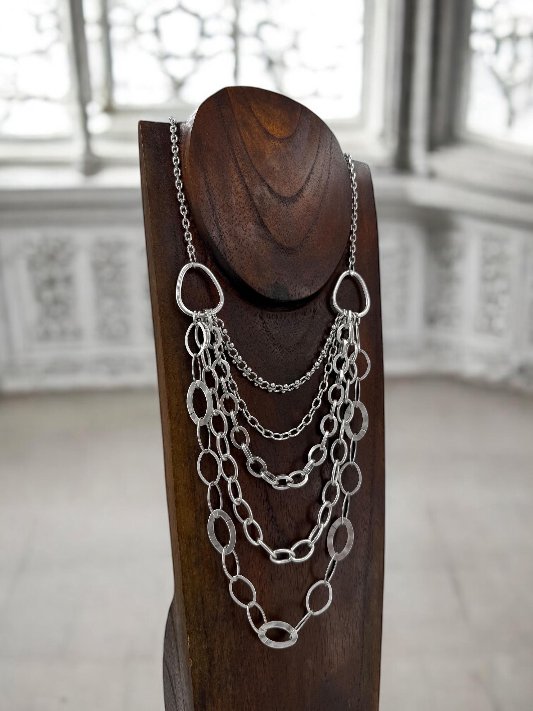 Multi strand layered extra long silver plated chain artisian necklace