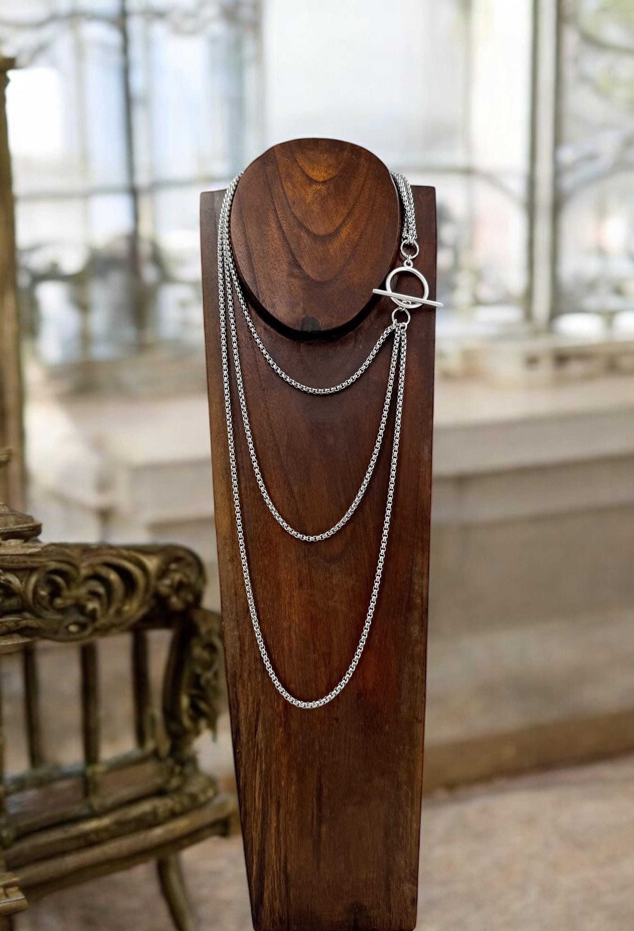 Long antique silver chunky chain layering necklace, layering silver necklace with toggle clasp, chunky chain necklace, multi strand necklace
