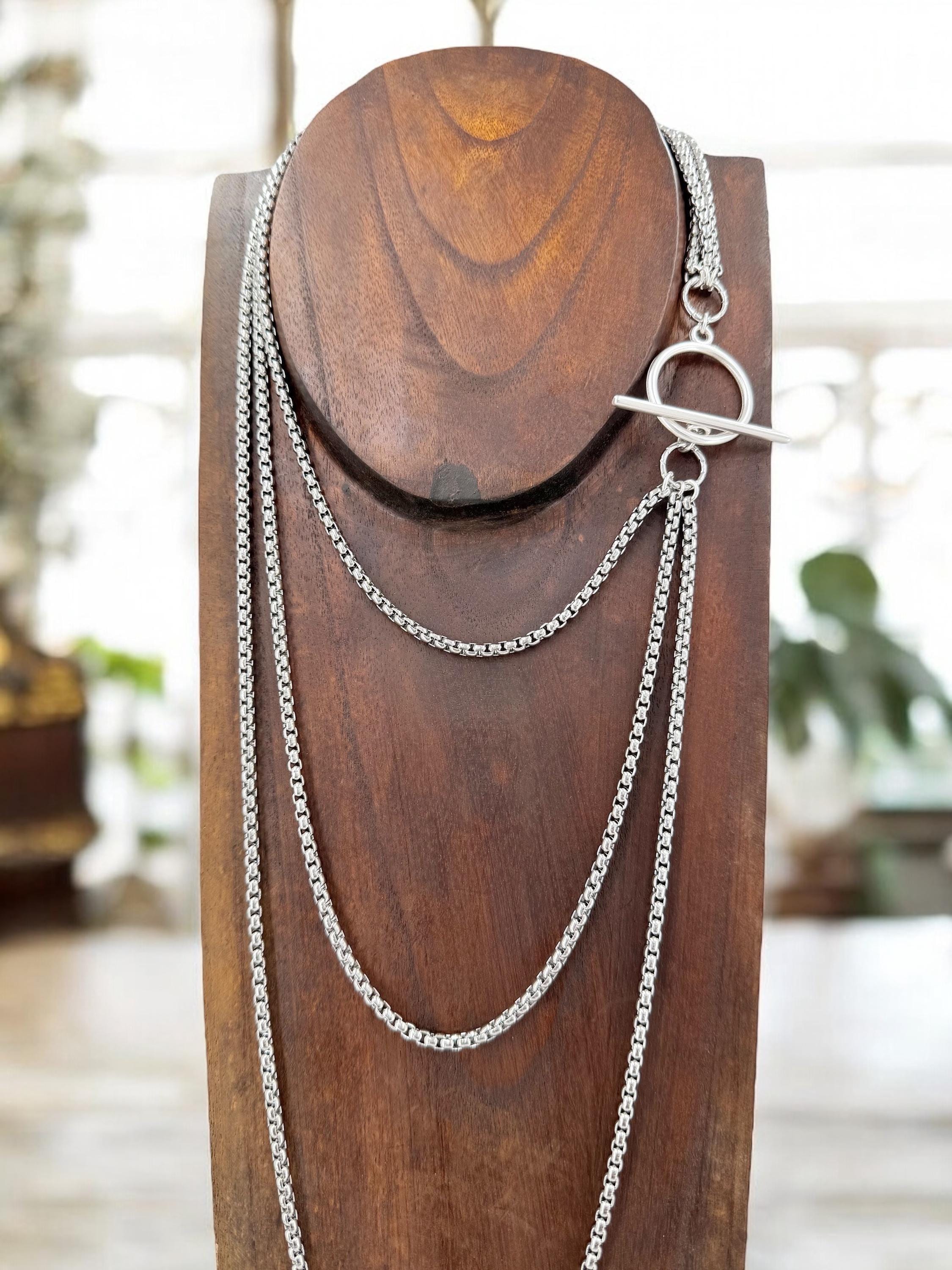 Long antique silver chunky chain layering necklace, layering silver necklace with toggle clasp, chunky chain necklace, multi strand necklace