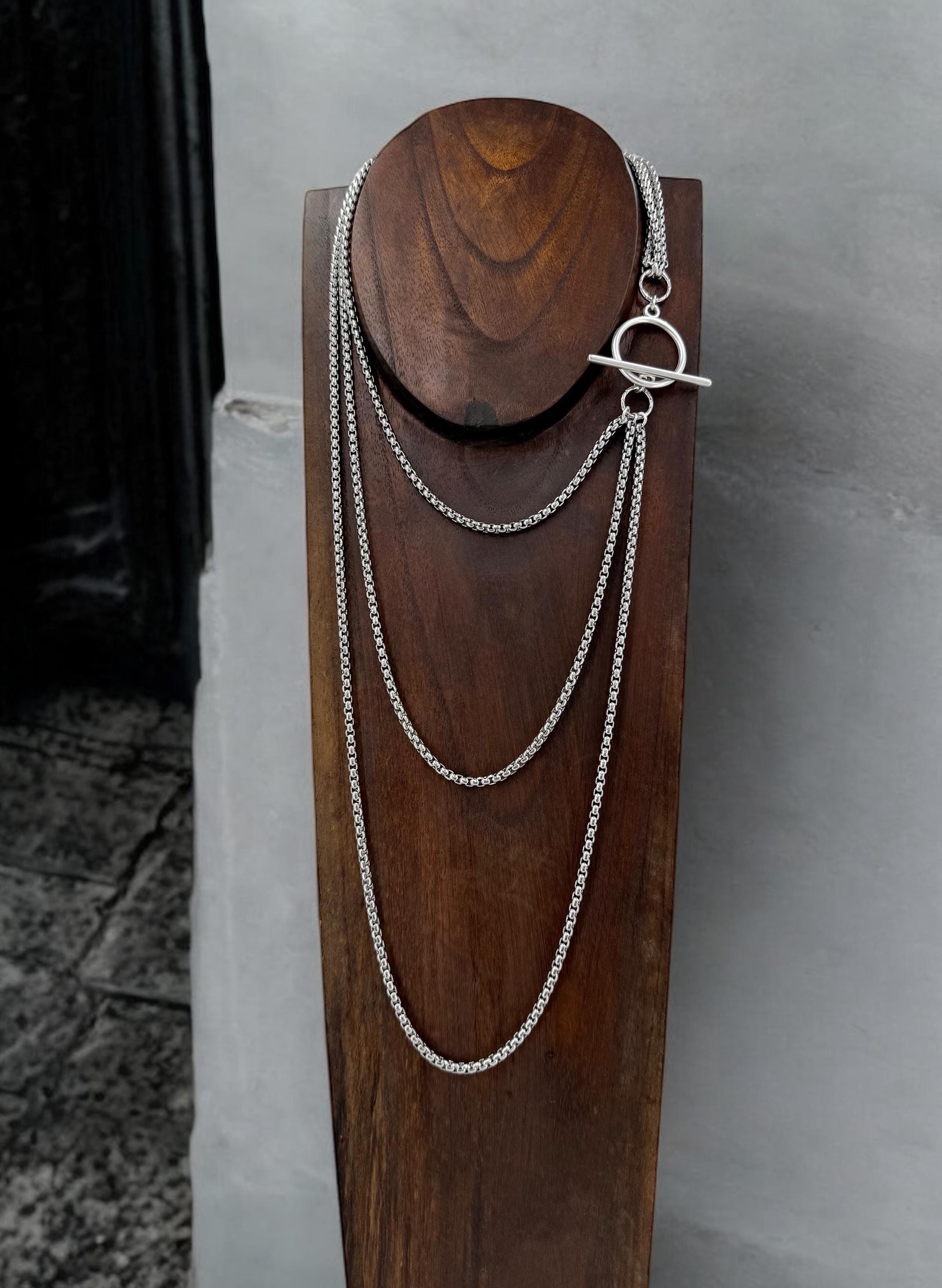 Long antique silver chunky chain layering necklace, layering silver necklace with toggle clasp, chunky chain necklace, multi strand necklace