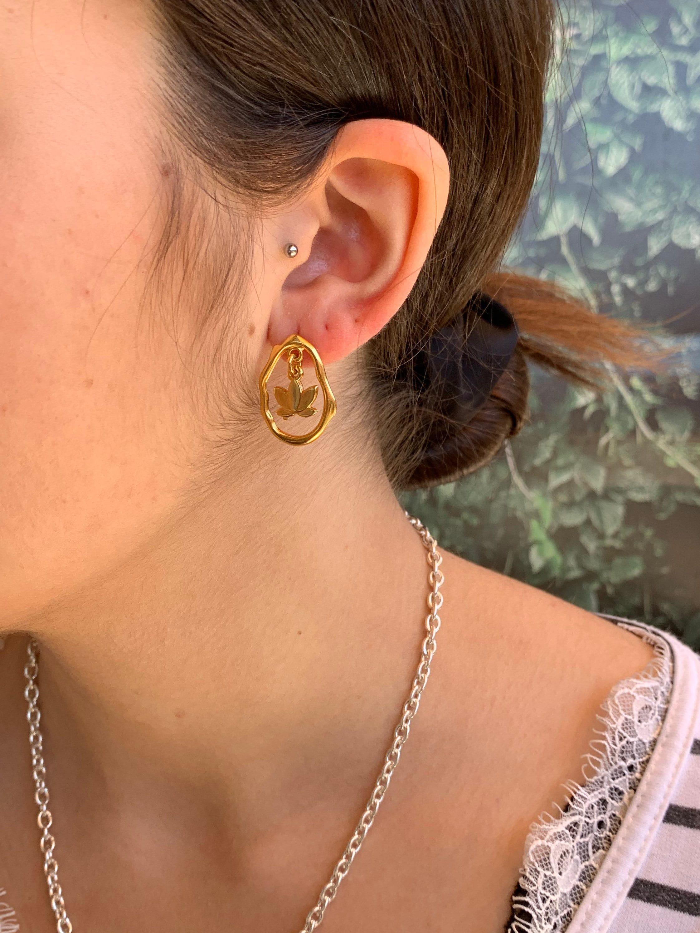 Gold plated bohemian dangle earrings, organic shaped studs, handmade jewelry