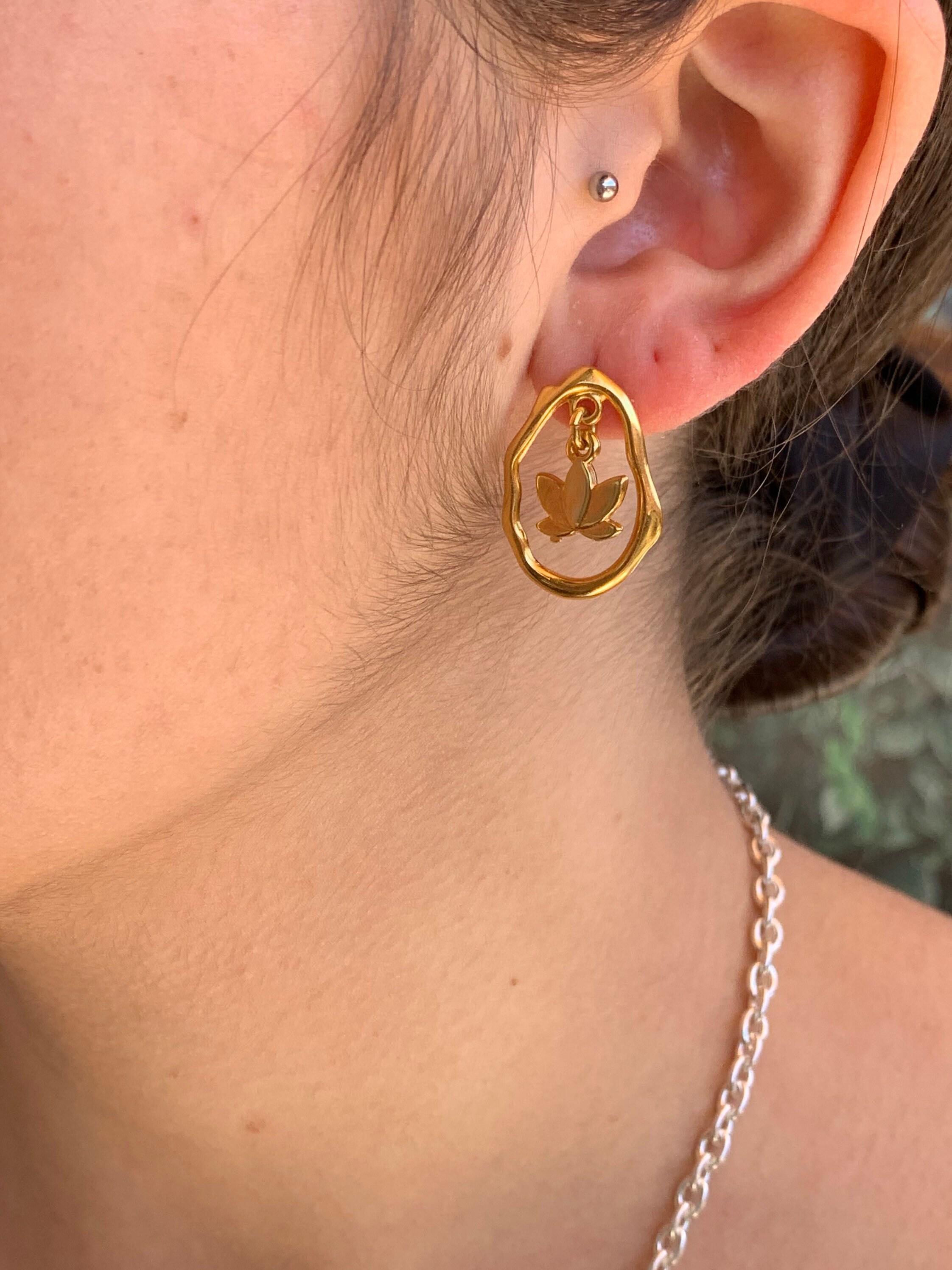 Gold plated bohemian dangle earrings, organic shaped studs, handmade jewelry