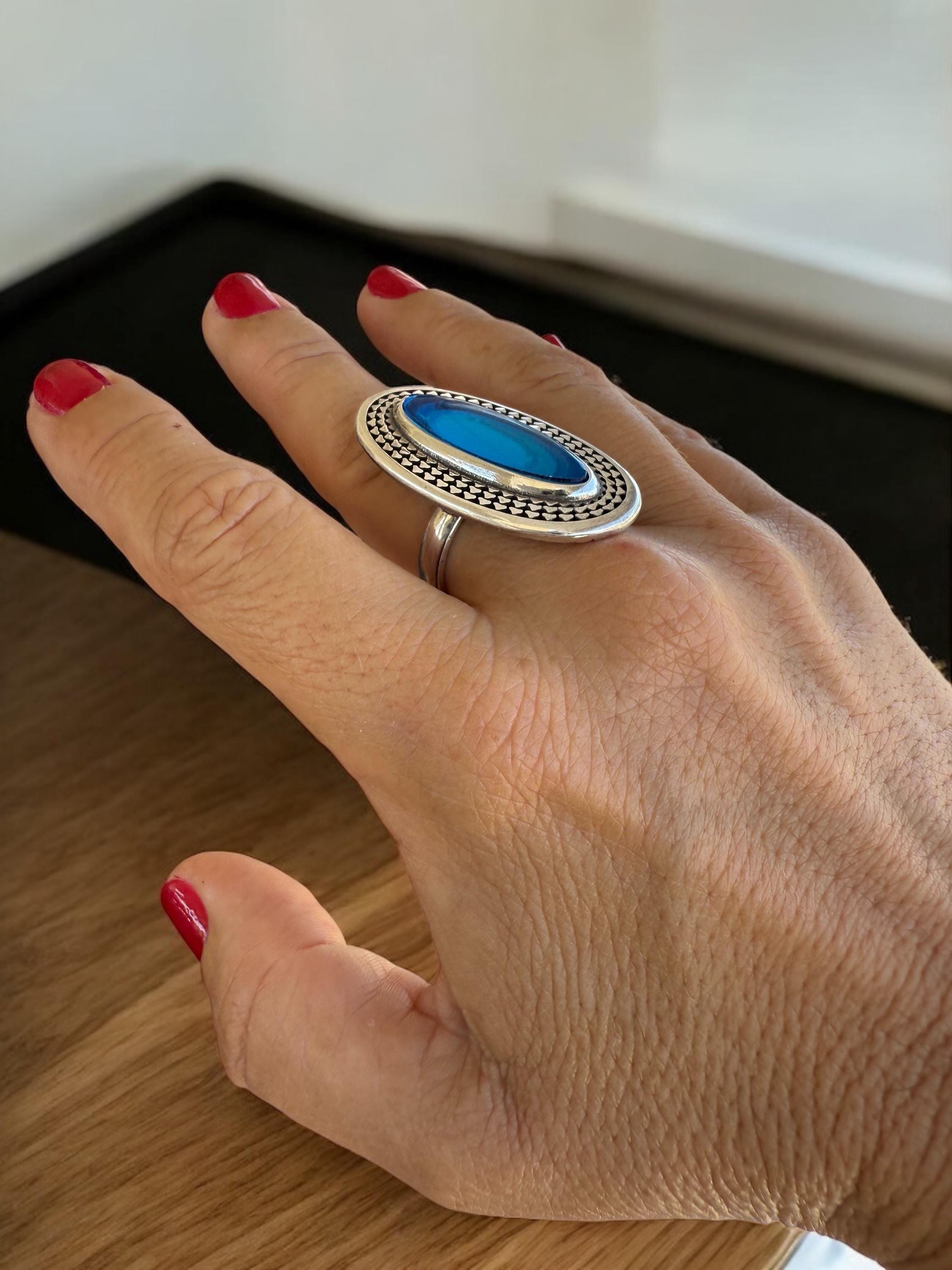 Oversize blue crystal ring, chunky silver design, adjustable jewelry