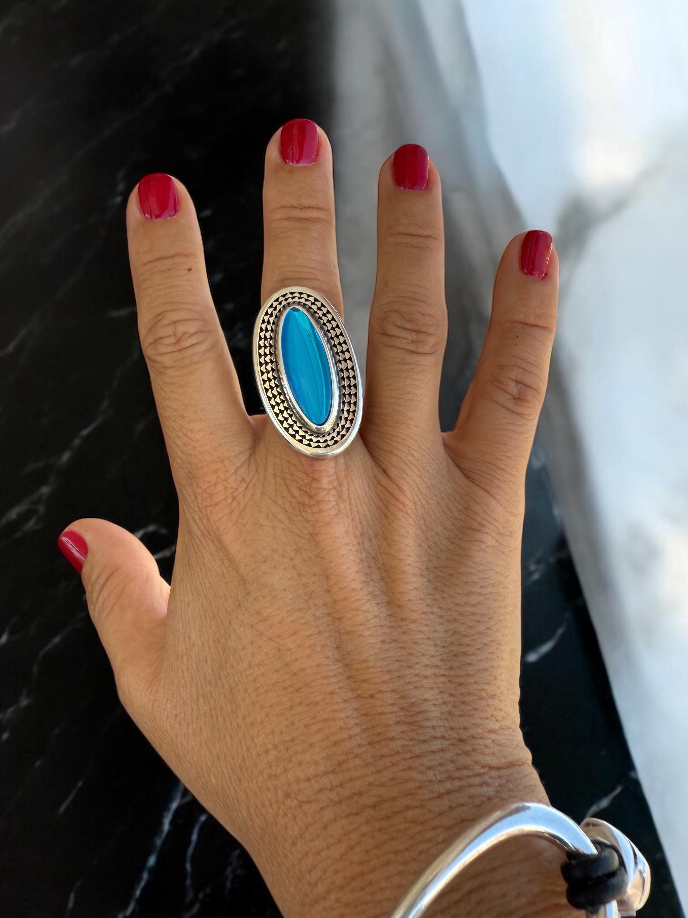 Oversize blue crystal ring, chunky silver design, adjustable jewelry