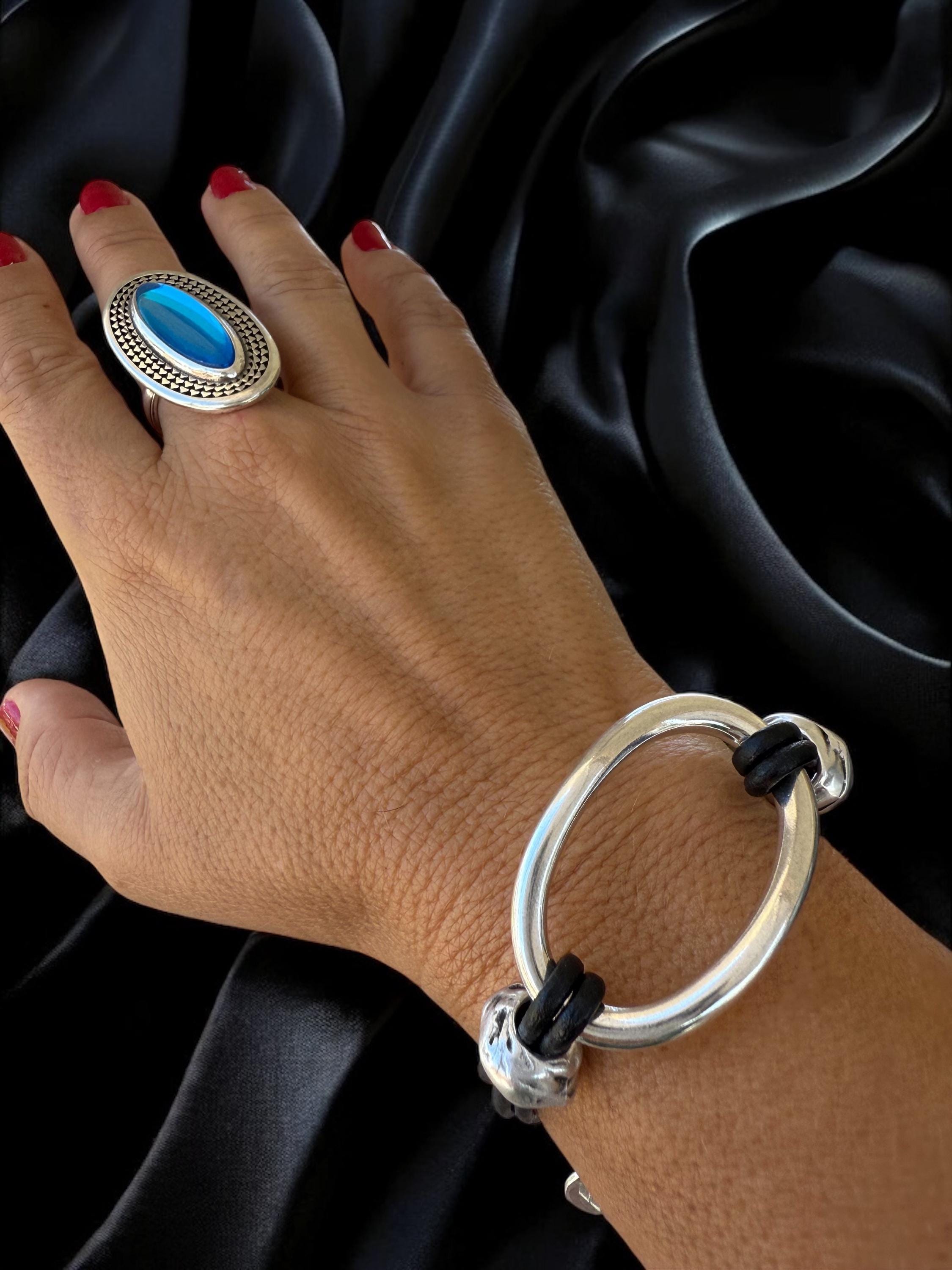 Oversize blue crystal ring, chunky silver design, adjustable jewelry