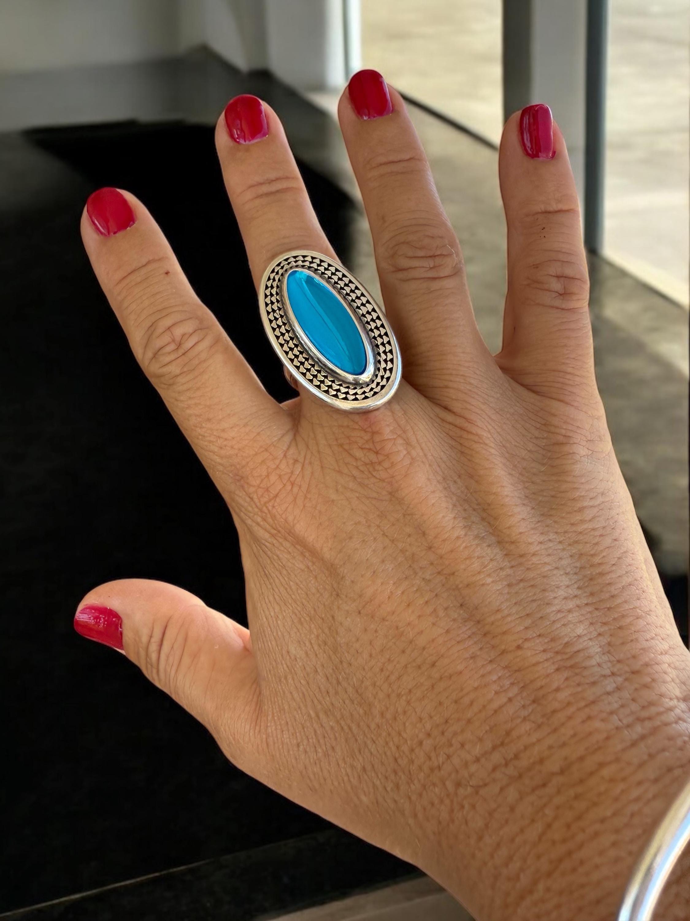 Oversize blue crystal ring, chunky silver design, adjustable jewelry