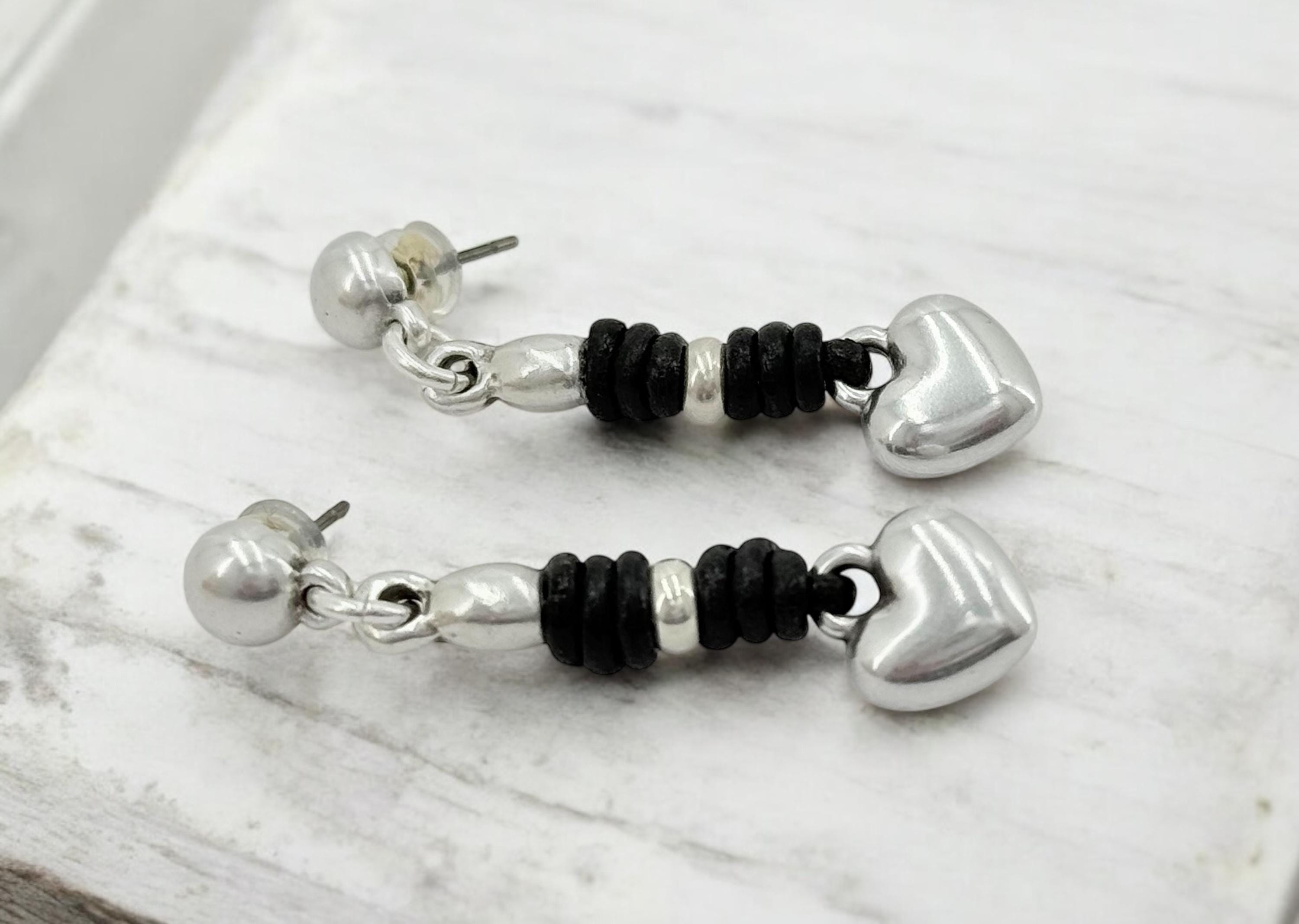 Boho heart dangle earrings, silver and leather jewelry, handmade exclusive kukuri jewelry design
