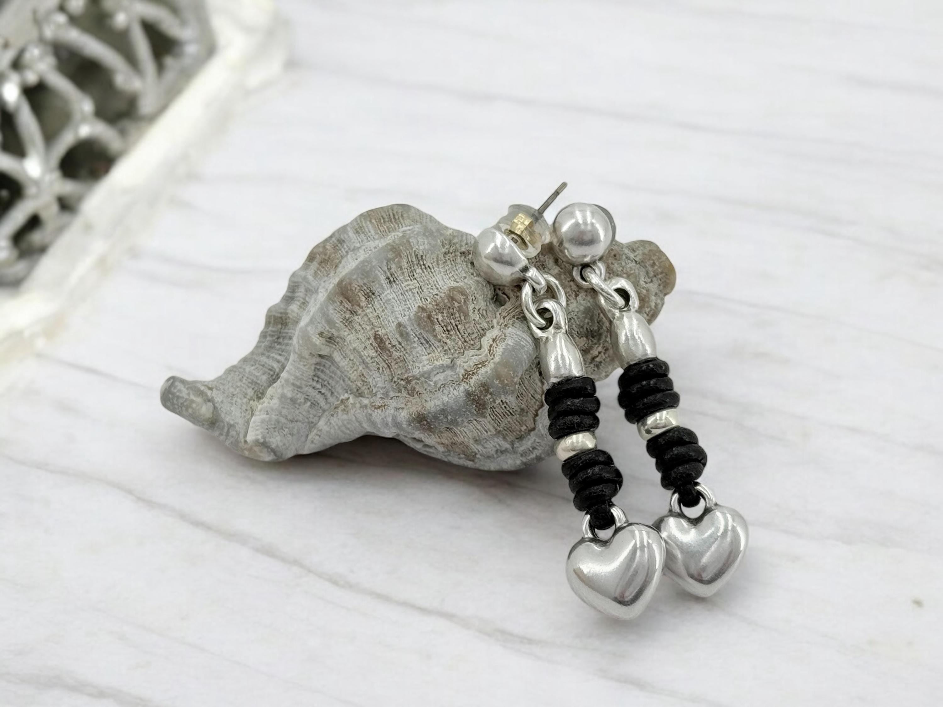 Boho heart dangle earrings, silver and leather jewelry, handmade exclusive kukuri jewelry design