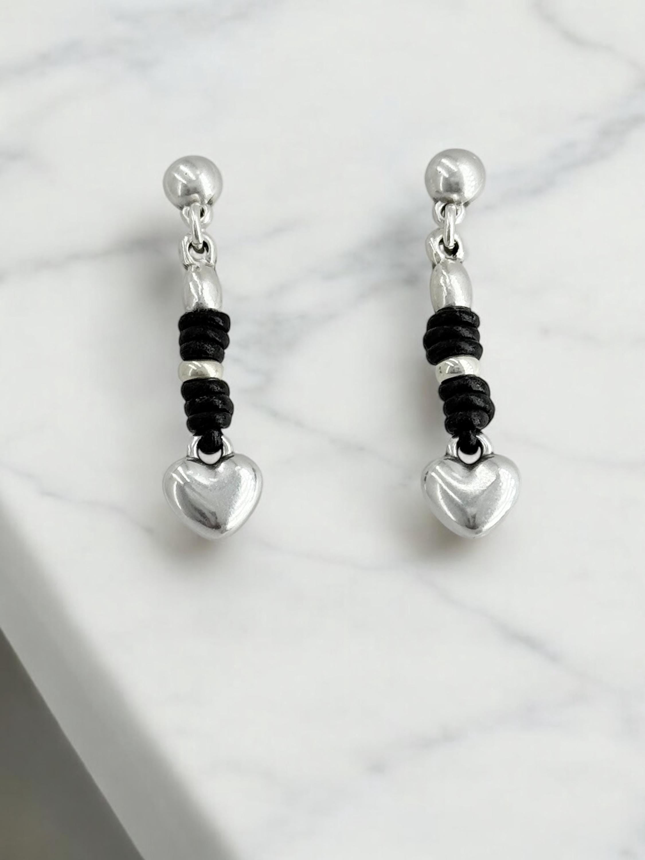 Boho heart dangle earrings, silver and leather jewelry, handmade exclusive kukuri jewelry design