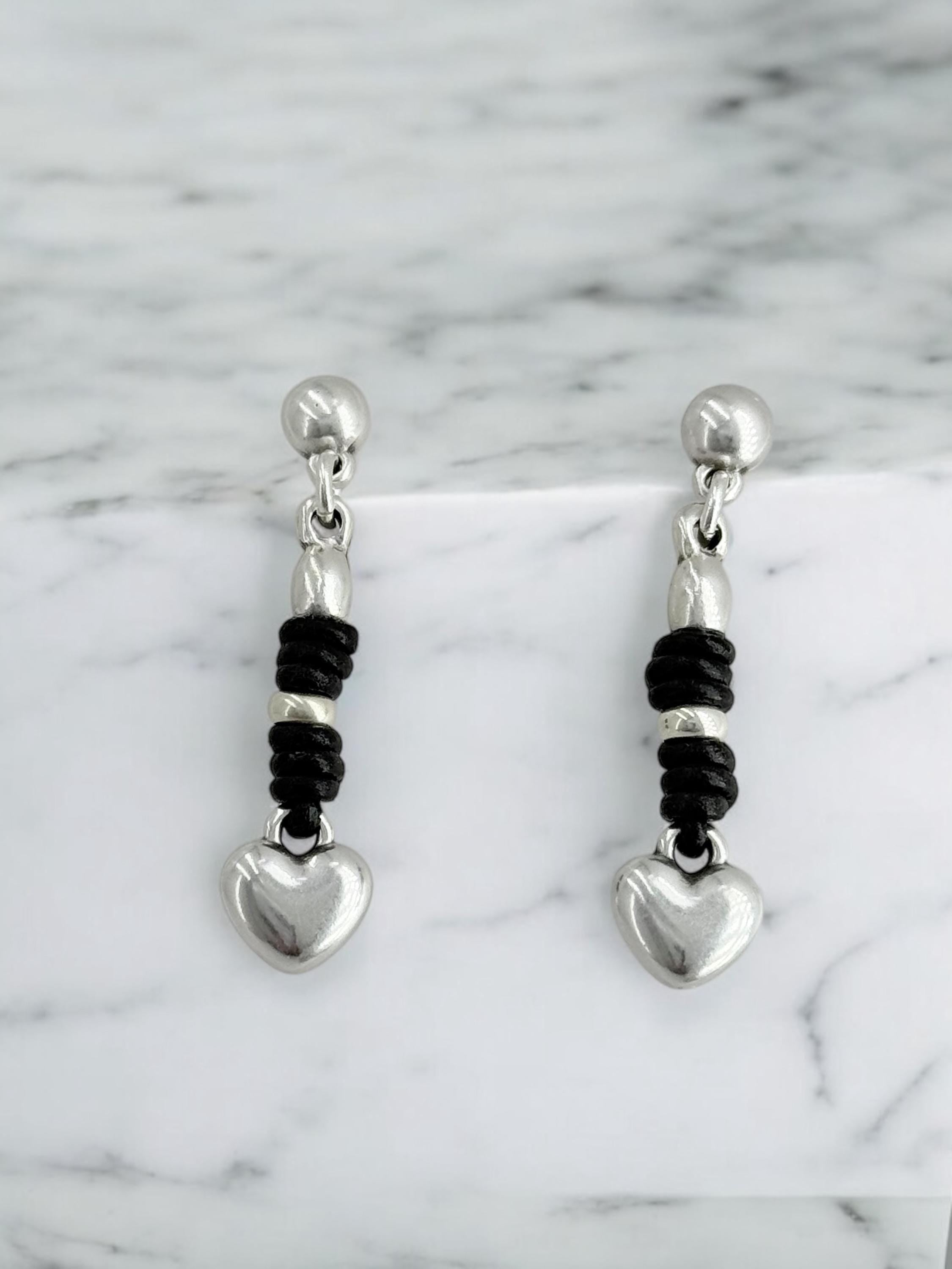 Boho heart dangle earrings, silver and leather jewelry, handmade exclusive kukuri jewelry design