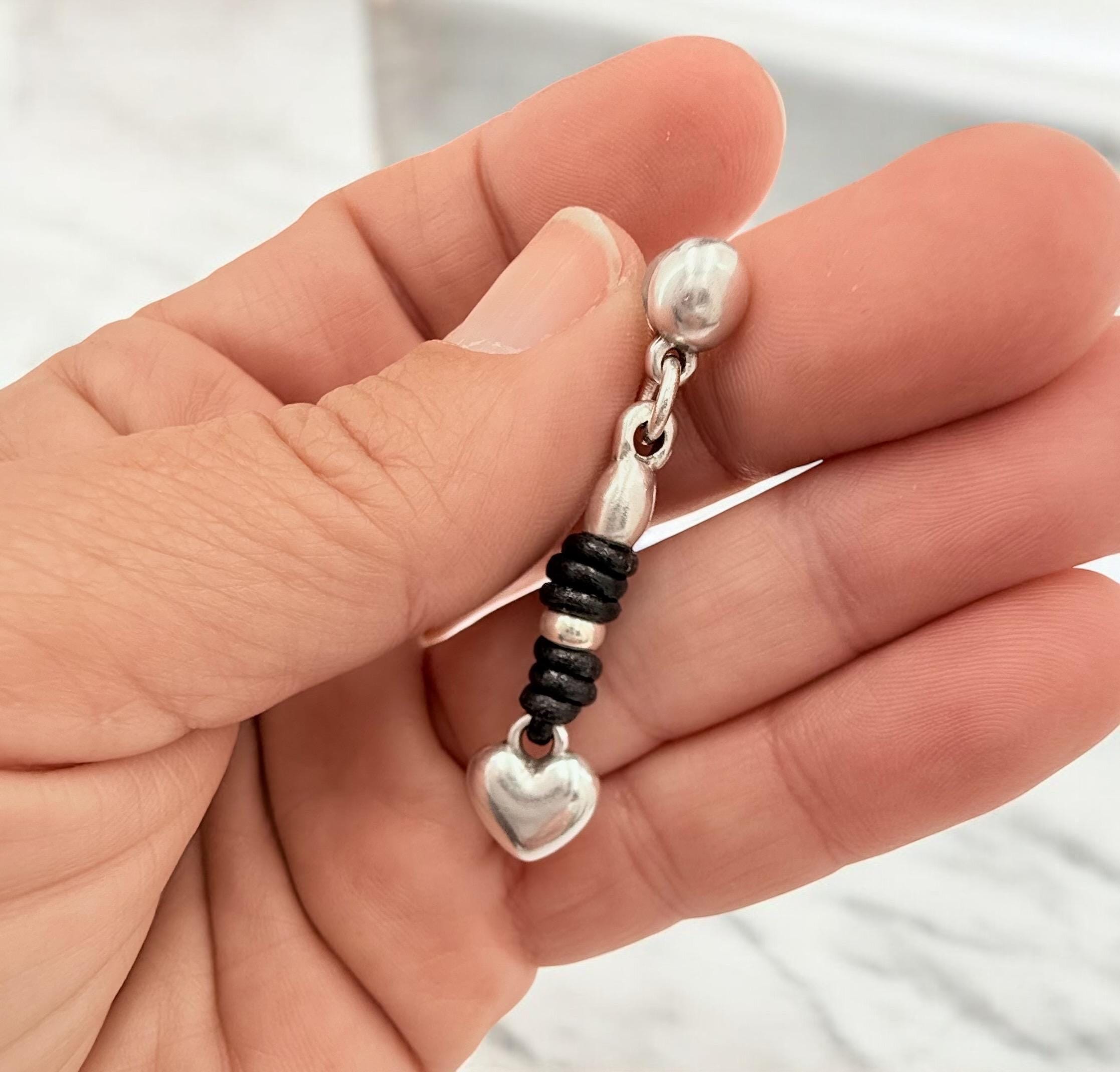 Boho heart dangle earrings, silver and leather jewelry, handmade exclusive kukuri jewelry design