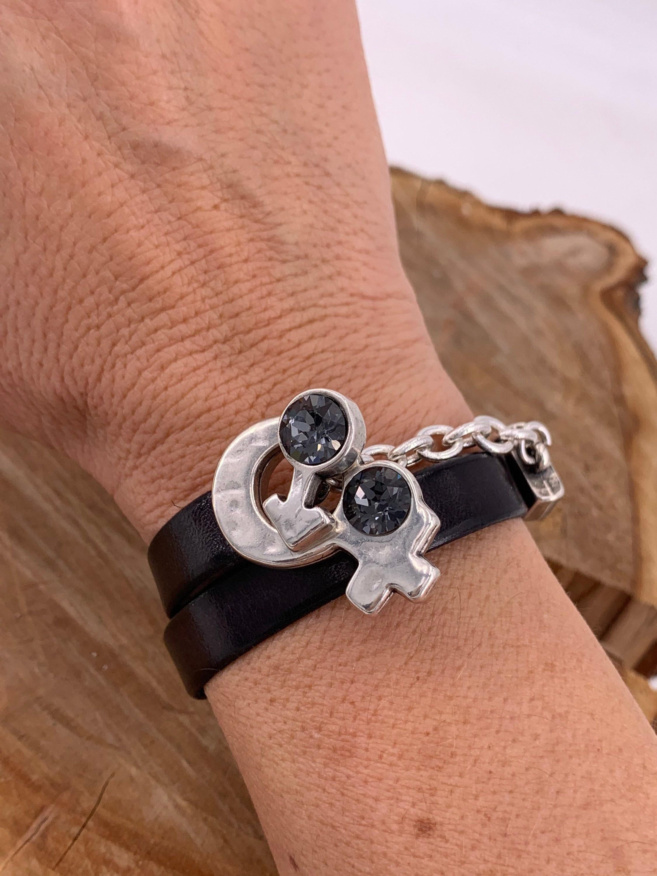 Wrap leather bracelet, silver-plated chain & swarovski symbol toggle clasp, bold handmade jewelry.