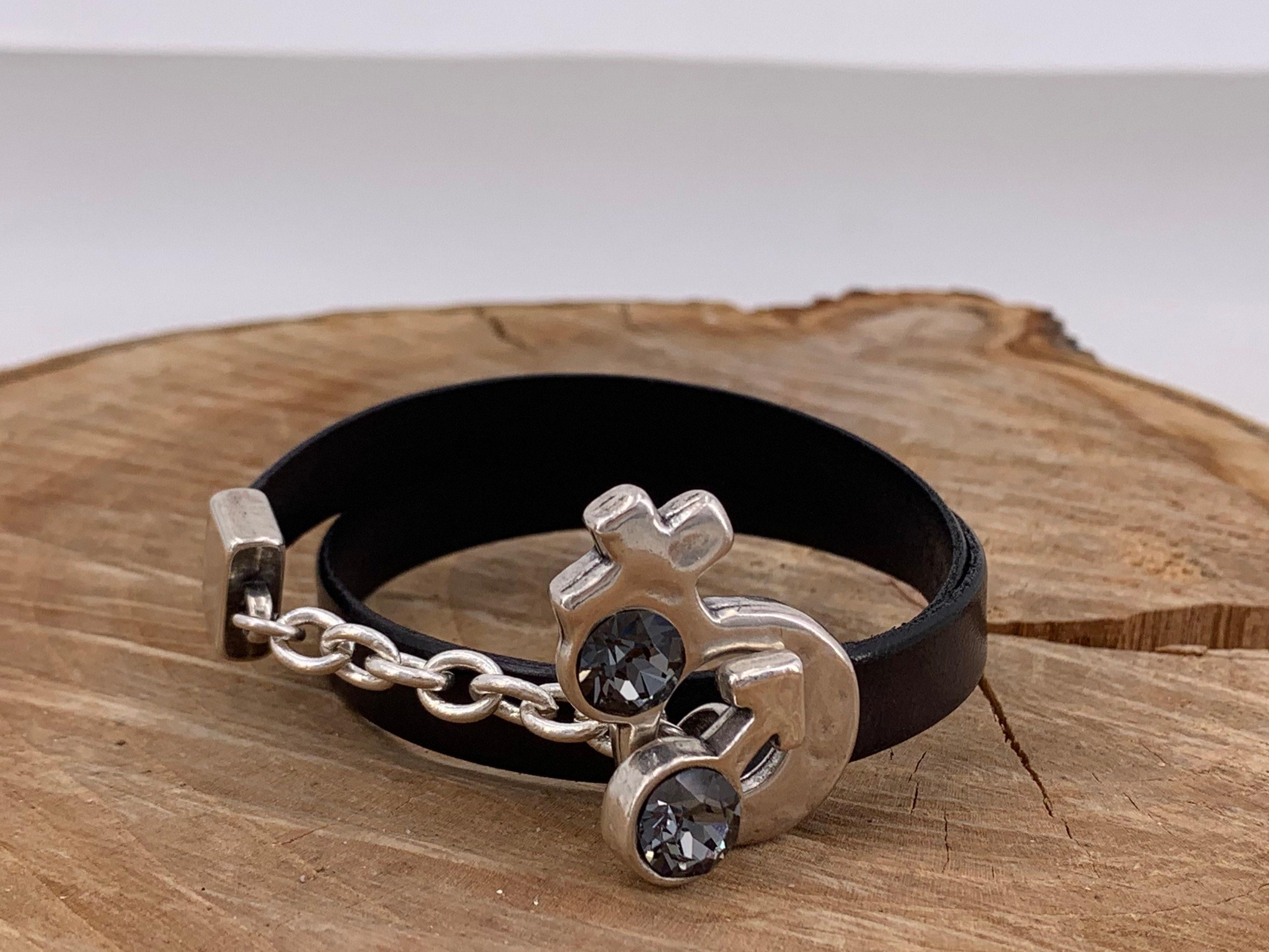 Wrap leather bracelet, silver-plated chain & swarovski symbol toggle clasp, bold handmade jewelry.