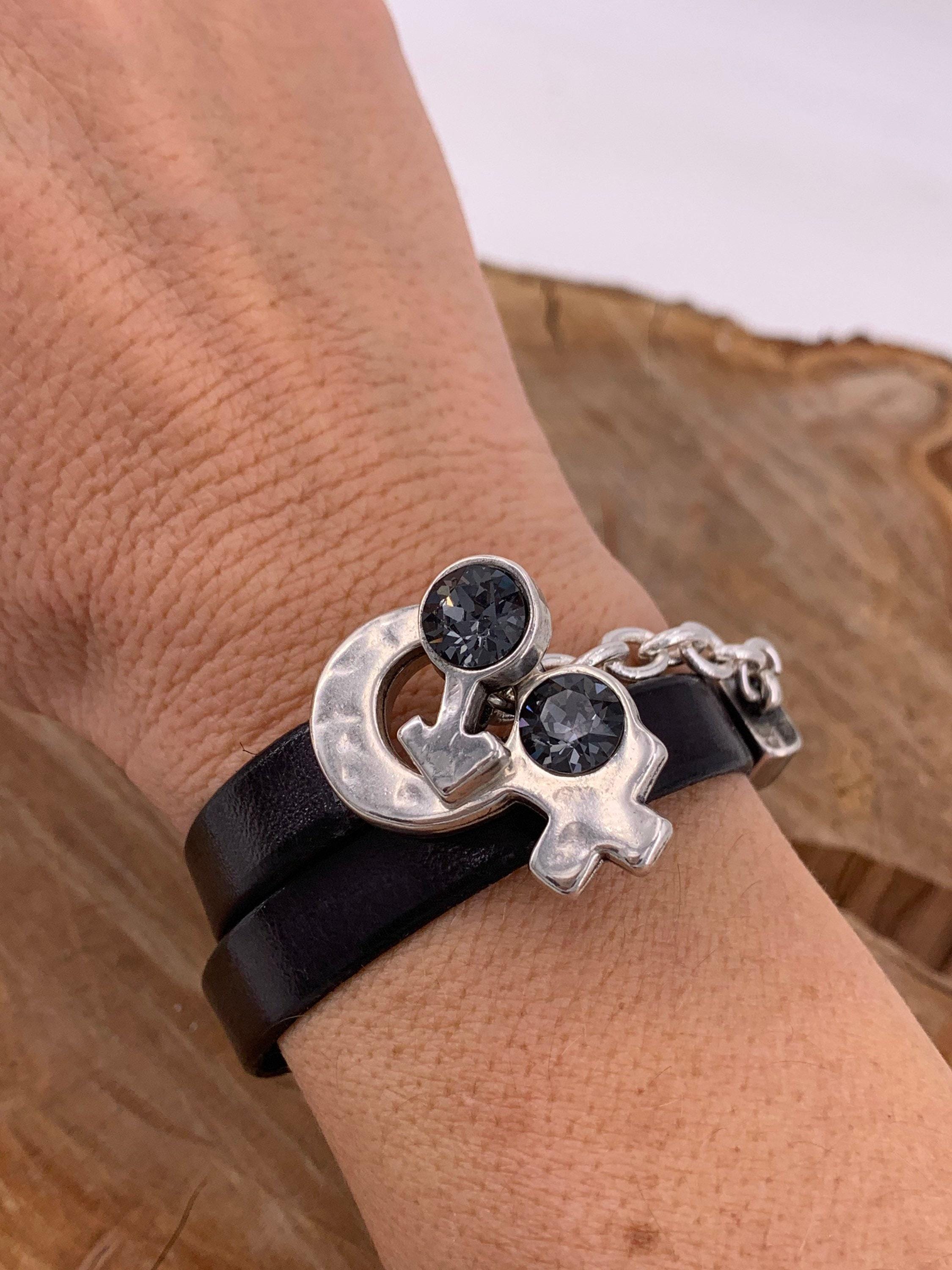 Wrap leather bracelet, silver-plated chain & swarovski symbol toggle clasp, bold handmade jewelry.