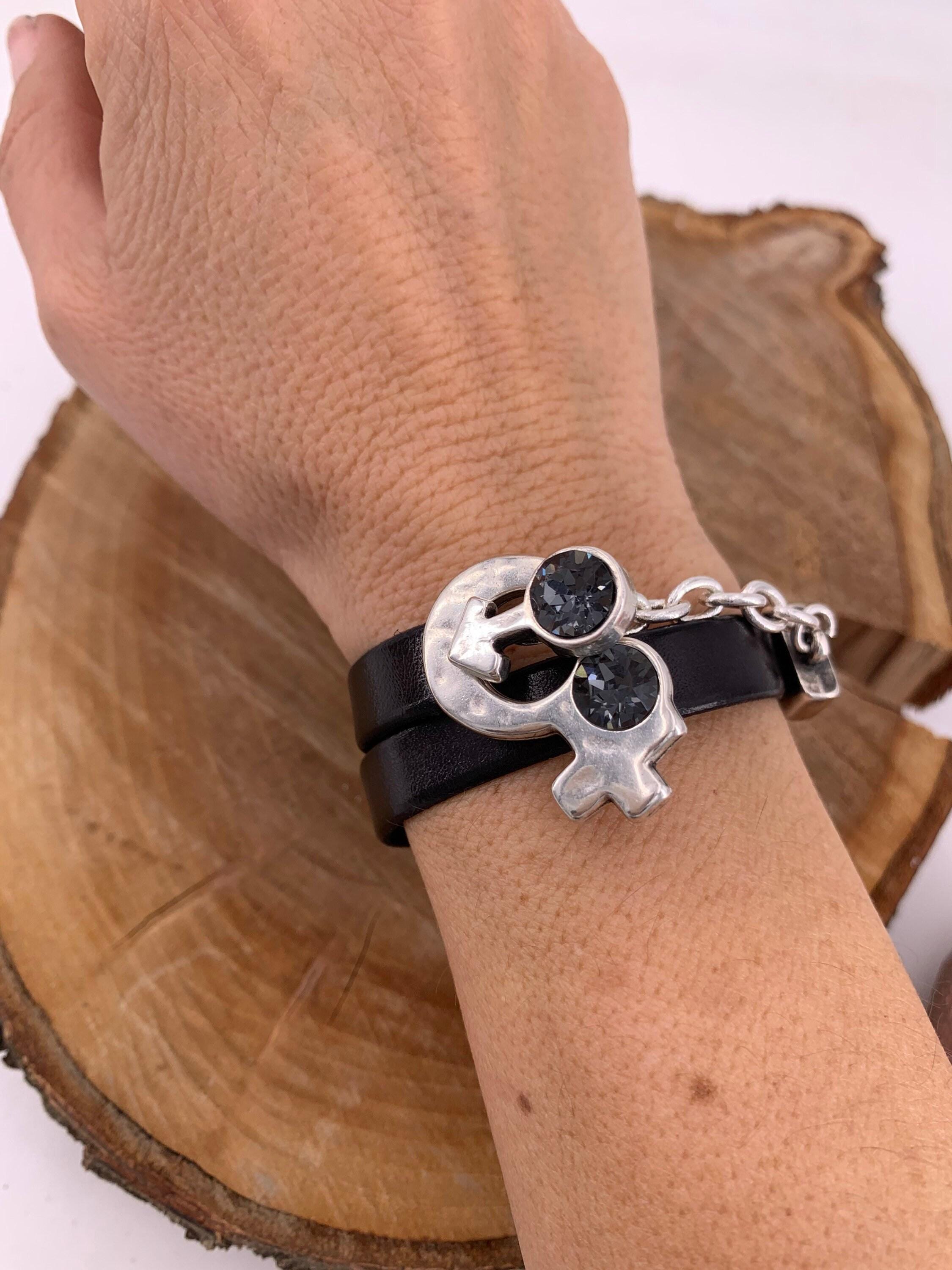Wrap leather bracelet, silver-plated chain & swarovski symbol toggle clasp, bold handmade jewelry.