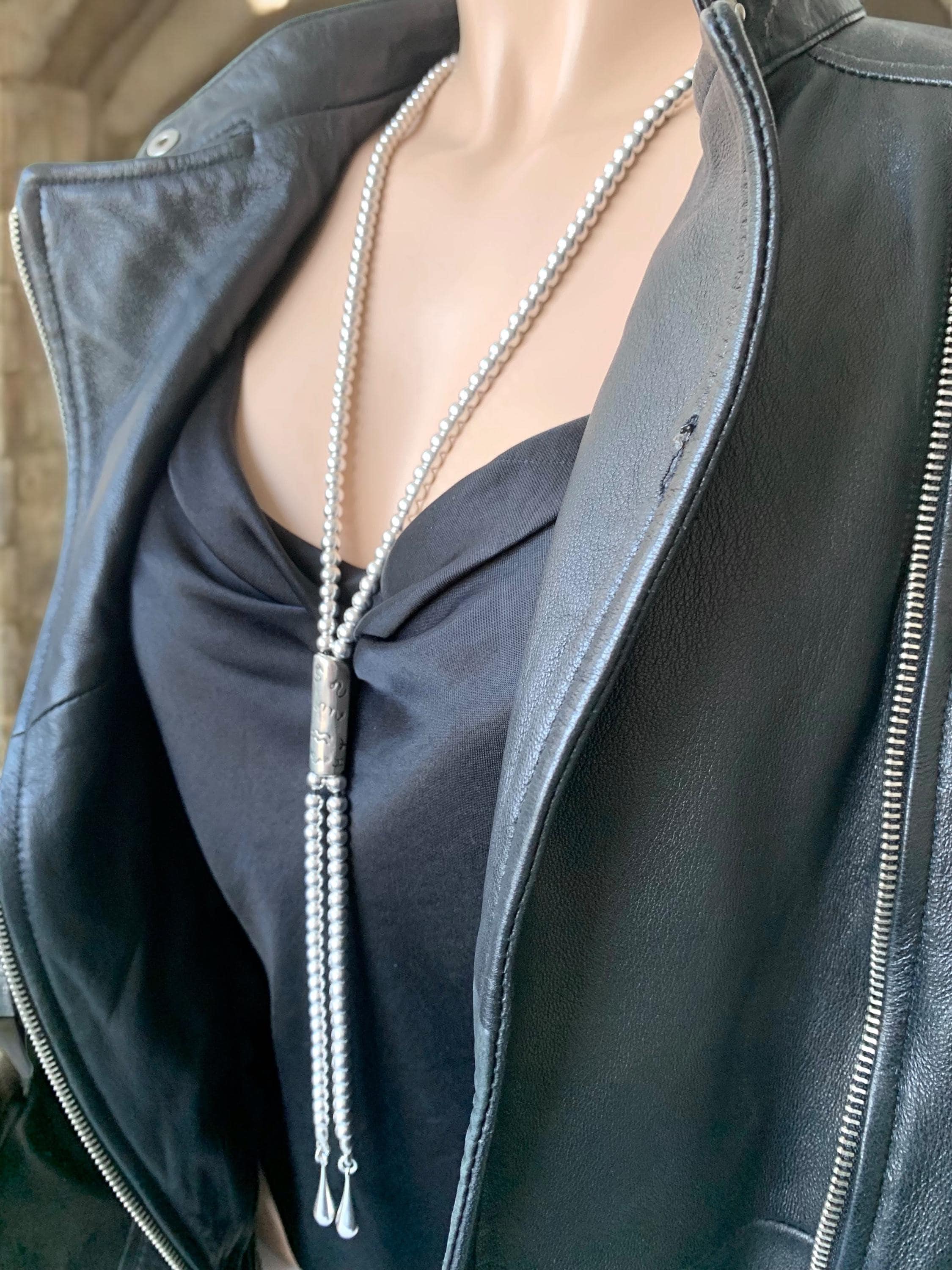 Bold silver beaded lariat necklace – extra long statement jewelry with chunky drop ends – sculptural gift for women - uno de 50 style