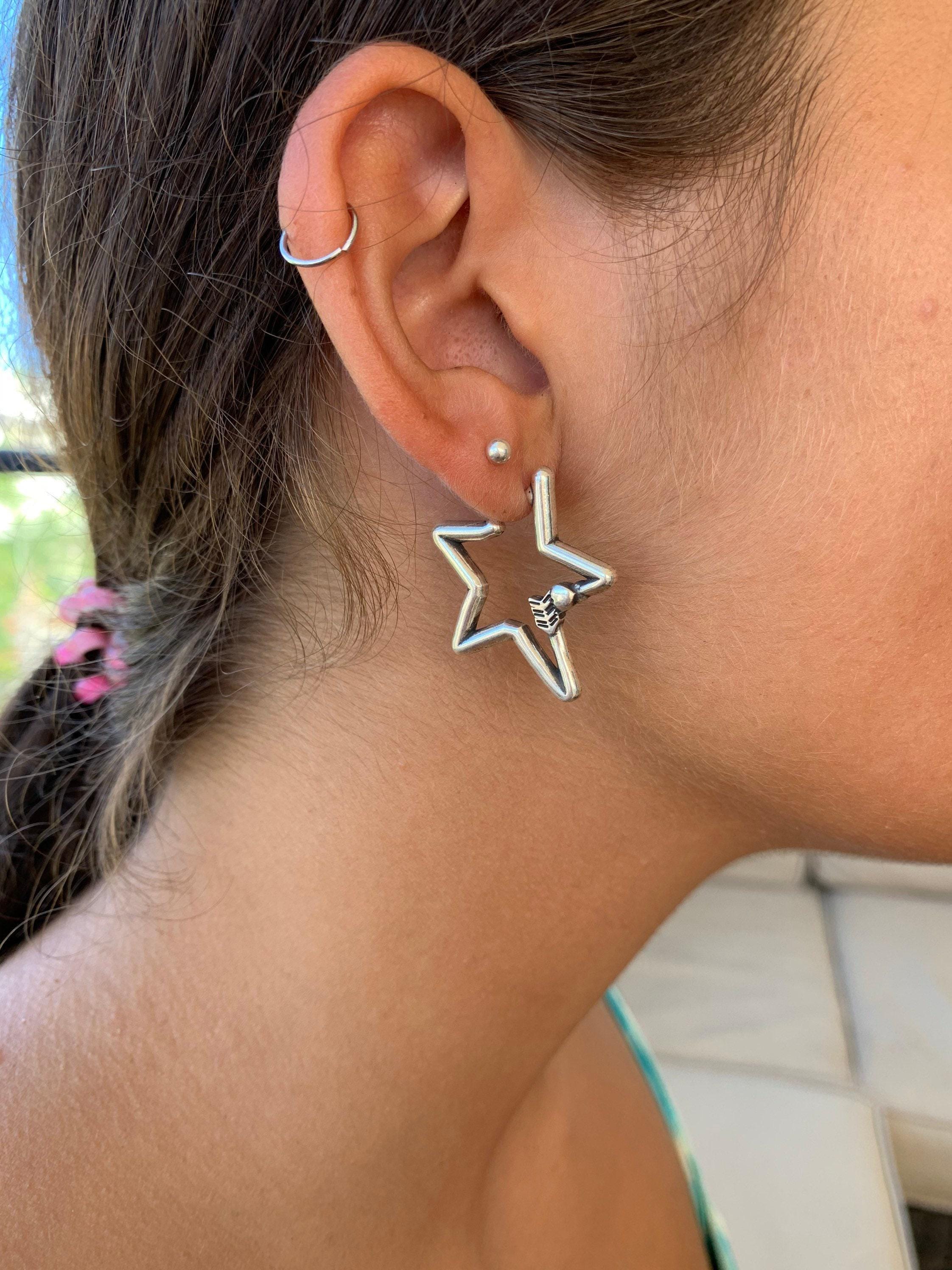 Chunky silver heart-shaped arrow hoop earrings – romantic sculptural design - rock style jewelry