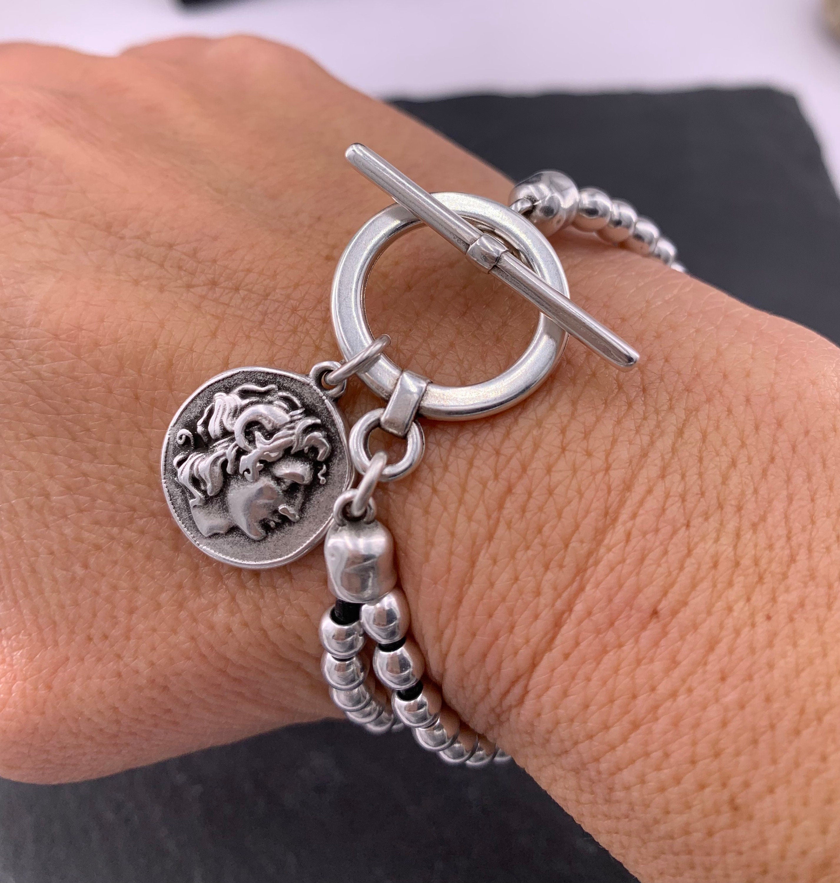 Pulsera de cuero con cuentas de plata mujer, pulsera con cuentas, boho, pulsera de plata, pulsera de plata gruesa, pulsera de mujer,