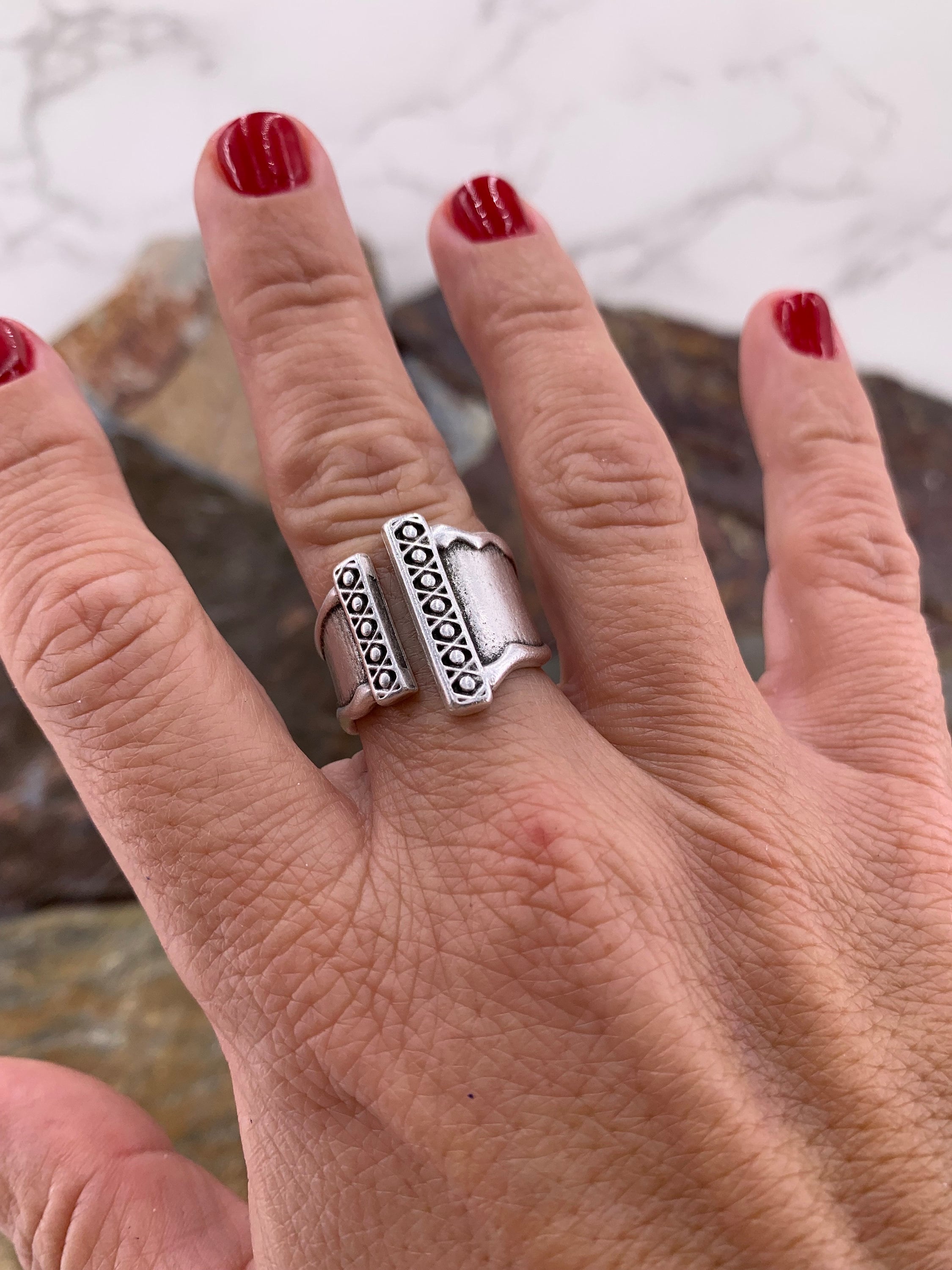 Silver unisex ethnic-style chunky ring ideal for gift, wide engraved open band silver ring, Statement ring, gift for men and women