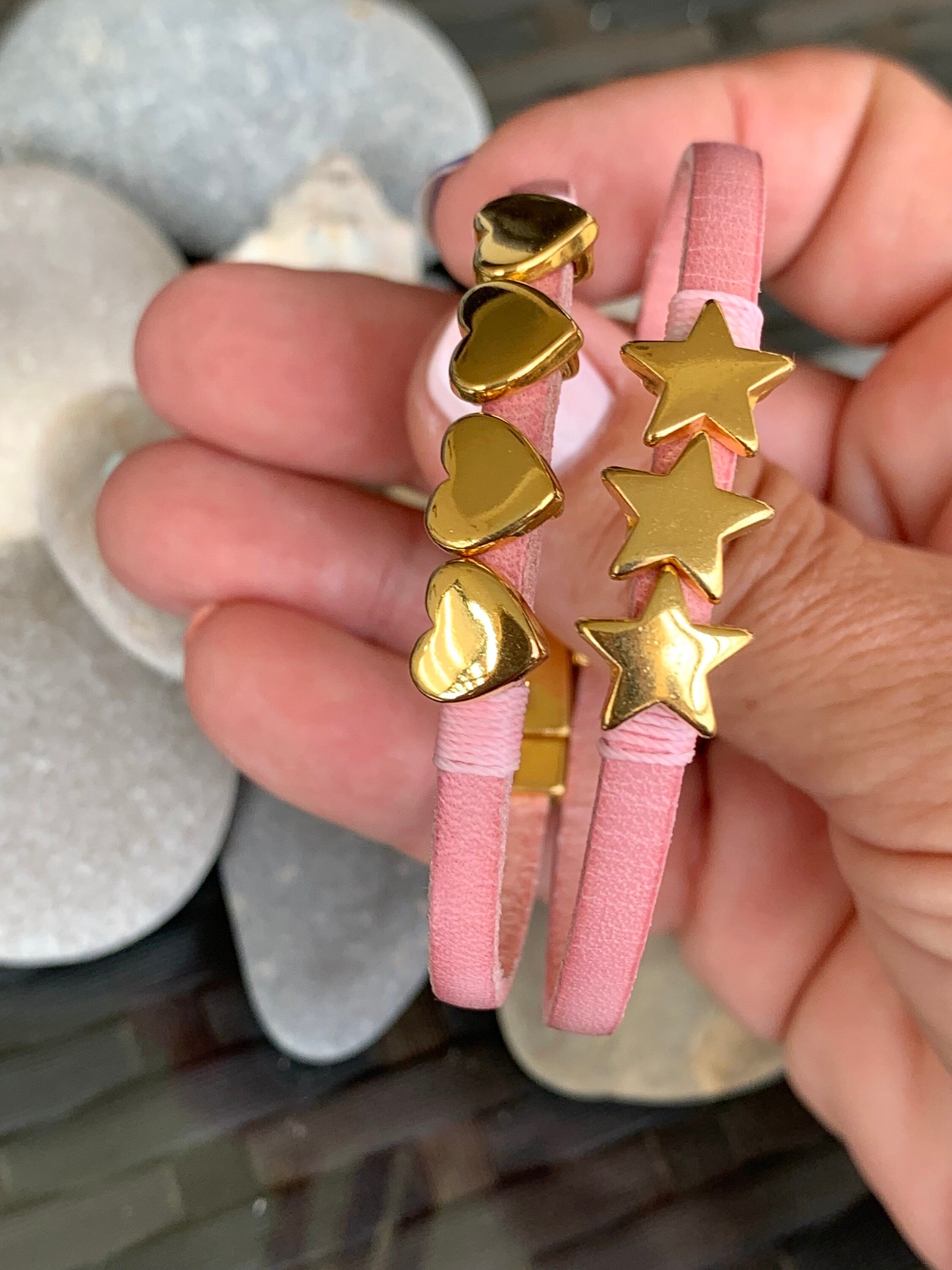 Barbie style leather bracelet, pink bracelet, gold jewelry, flat leather bracelet, fine bracelet, charm bracelet, boho jewelry,