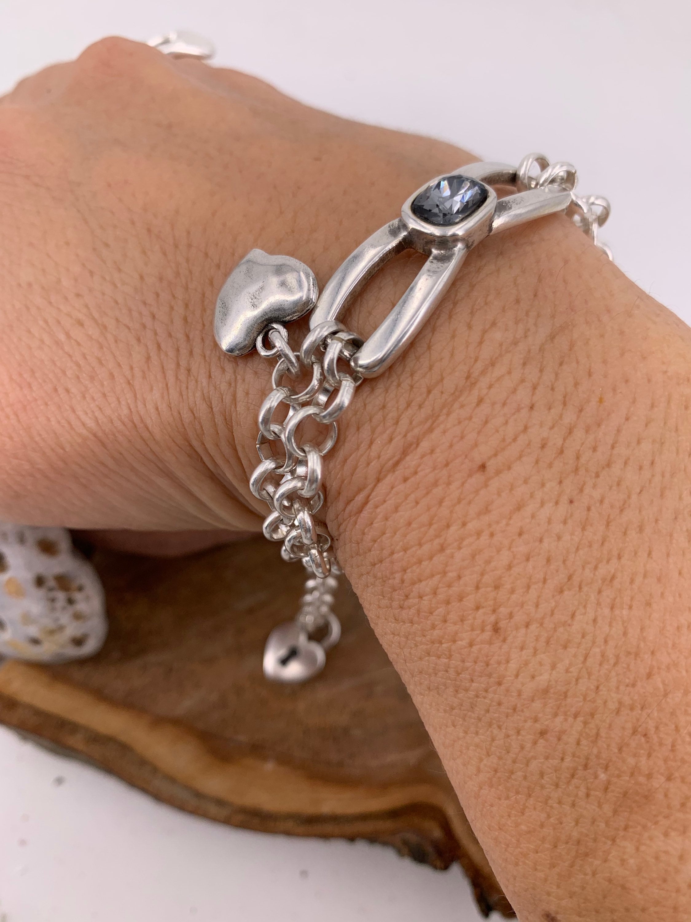 Silver chain bracelet, doble chain statement bracelet, silver chain Swarovski bracelet, chunky bracelet, rock bracelet,