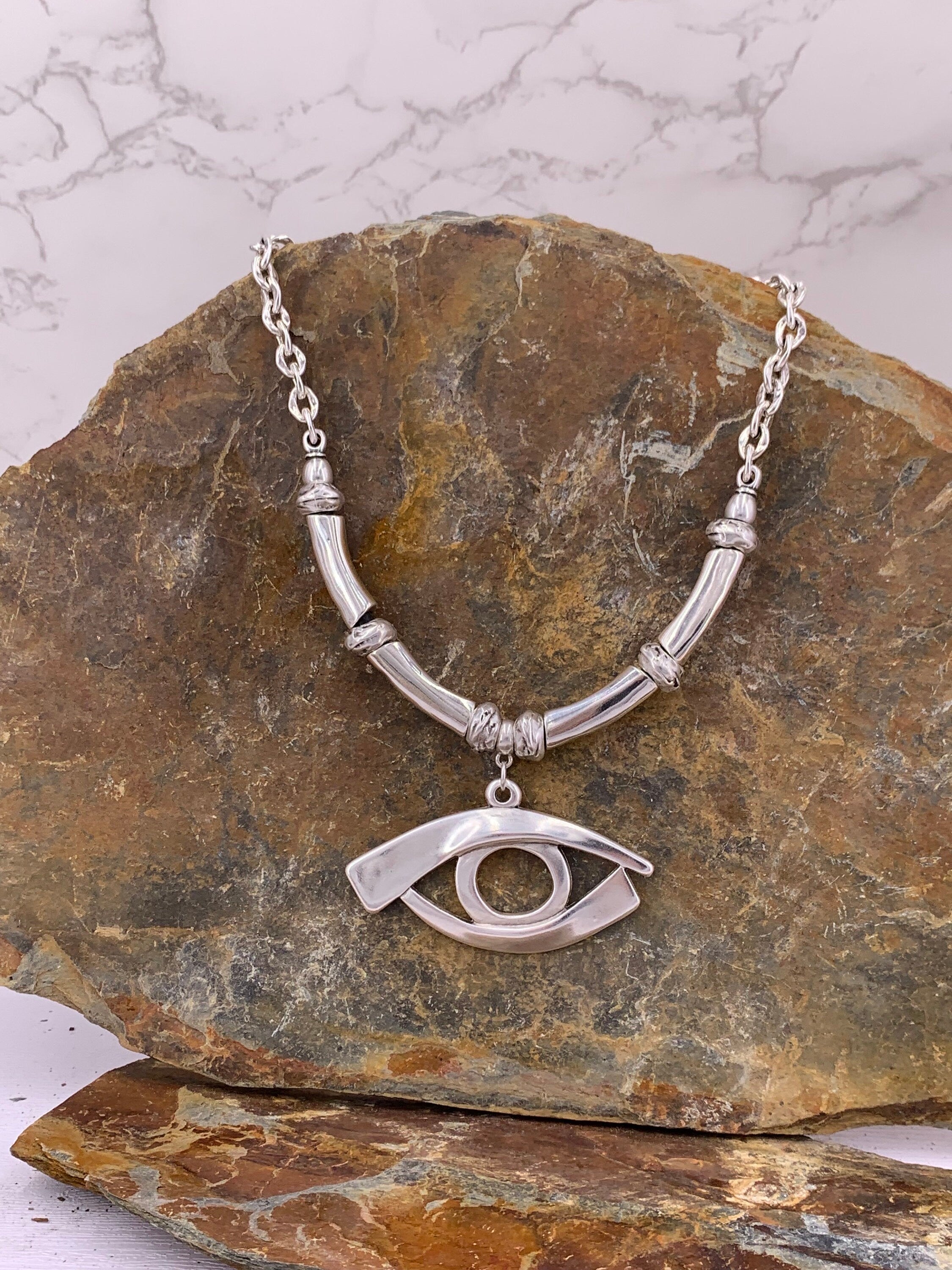 Statement protector eye pendant, chunky silver heavy chain necklace, big pendant silver chain necklace, solid necklace, chunky silver choker