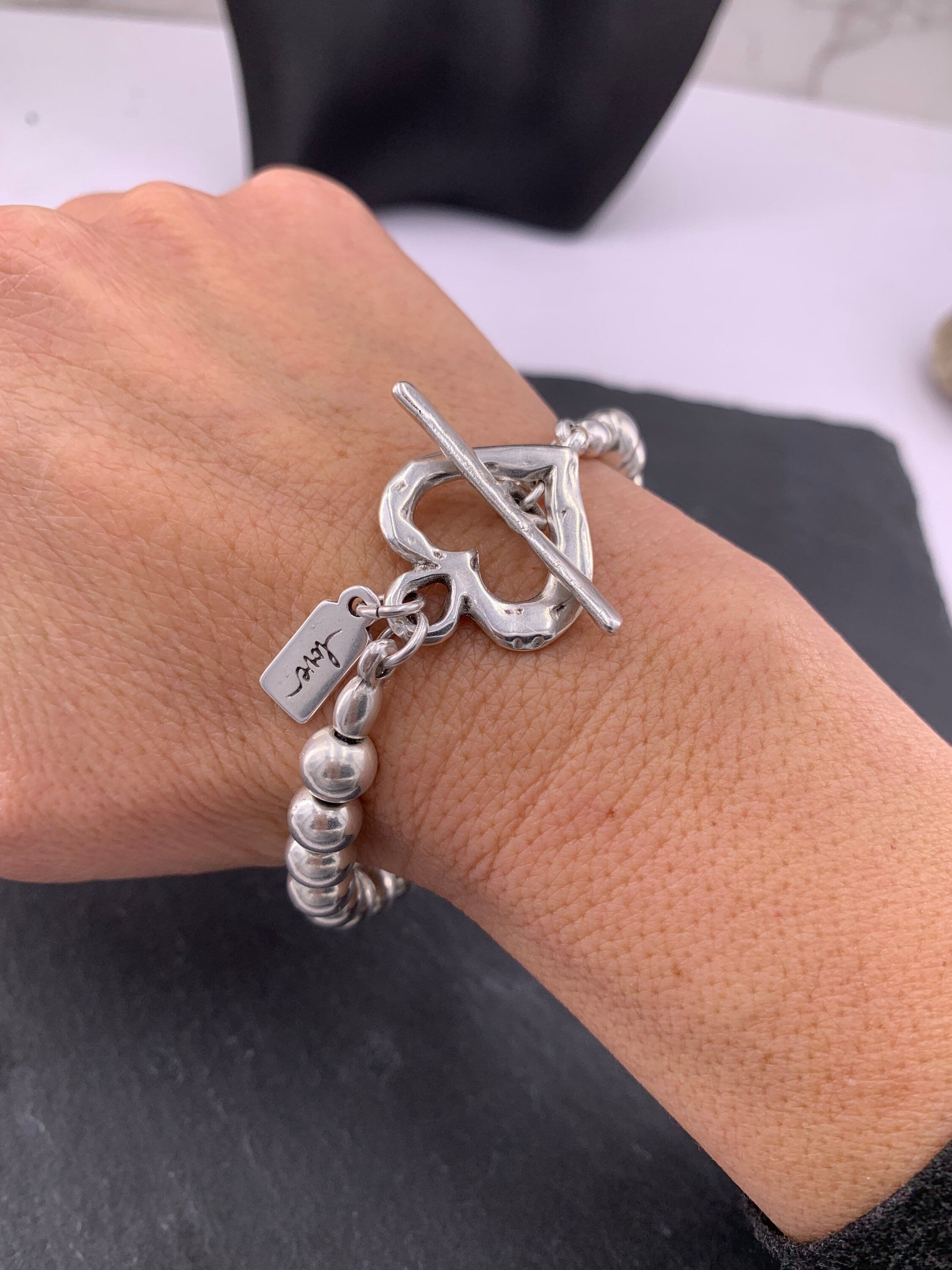 Pulsera de cuero con cuentas de plata mujer, pulsera con cuentas, boho, pulsera de plata, pulsera de plata gruesa, pulsera de mujer,