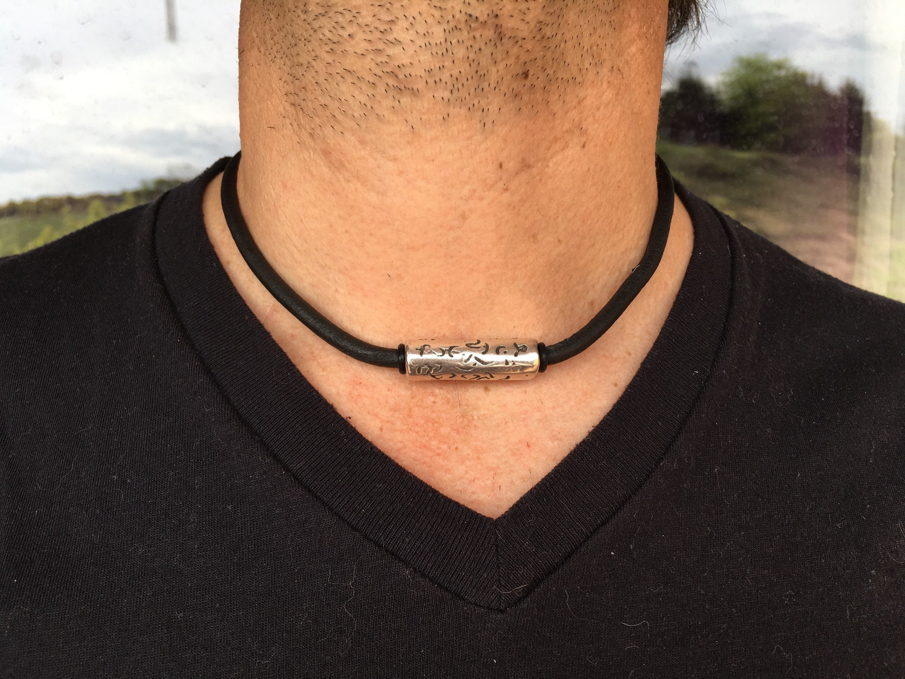 Ethnic leather necklace for men, tribal necklace, hippie leather necklace, silver tube leather necklace, bohemian silver necklace, gift