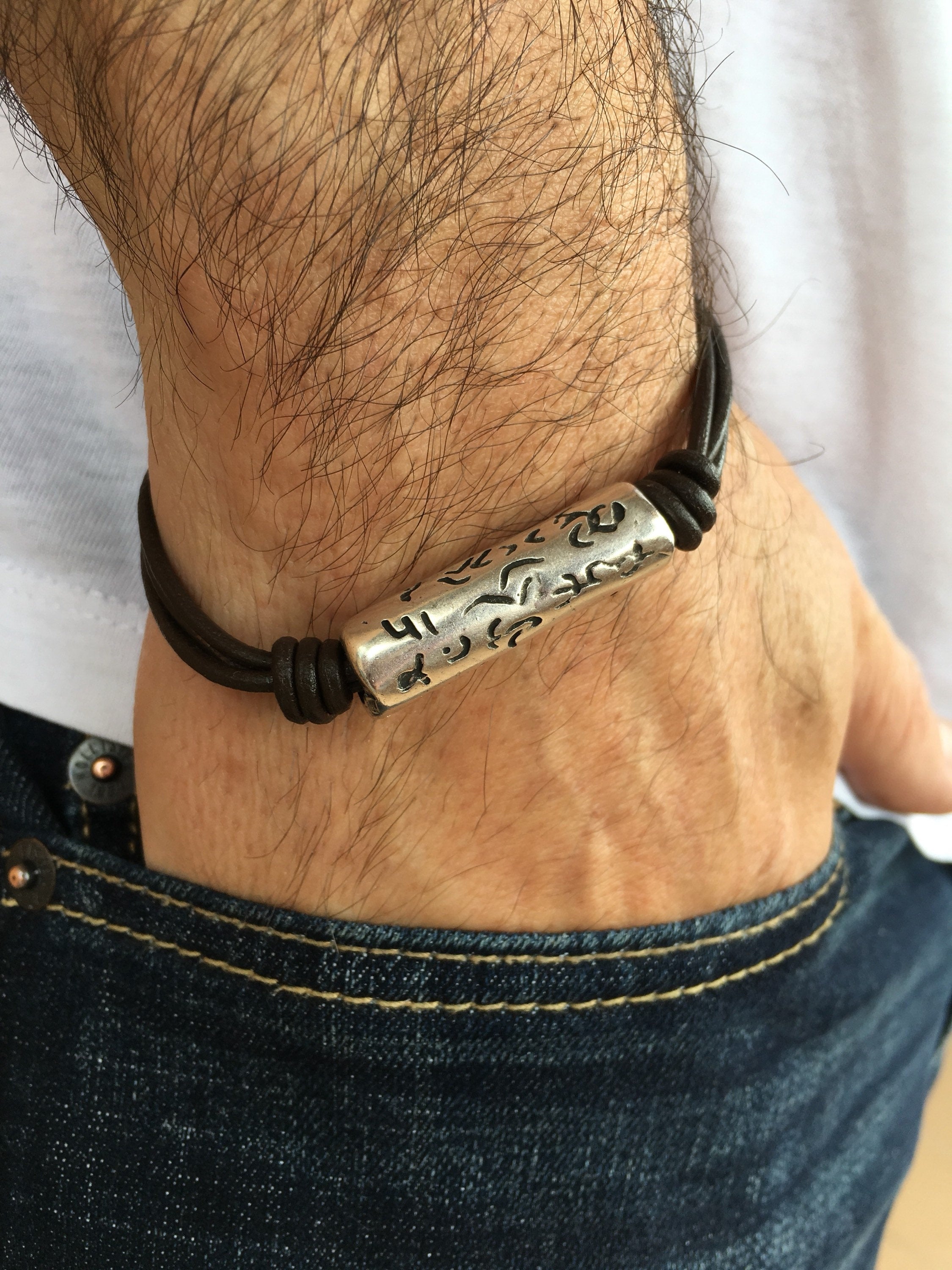 leather bracelet for men, silver bracelet, silver beads bracelet, surf bracelet, rock bracelet,