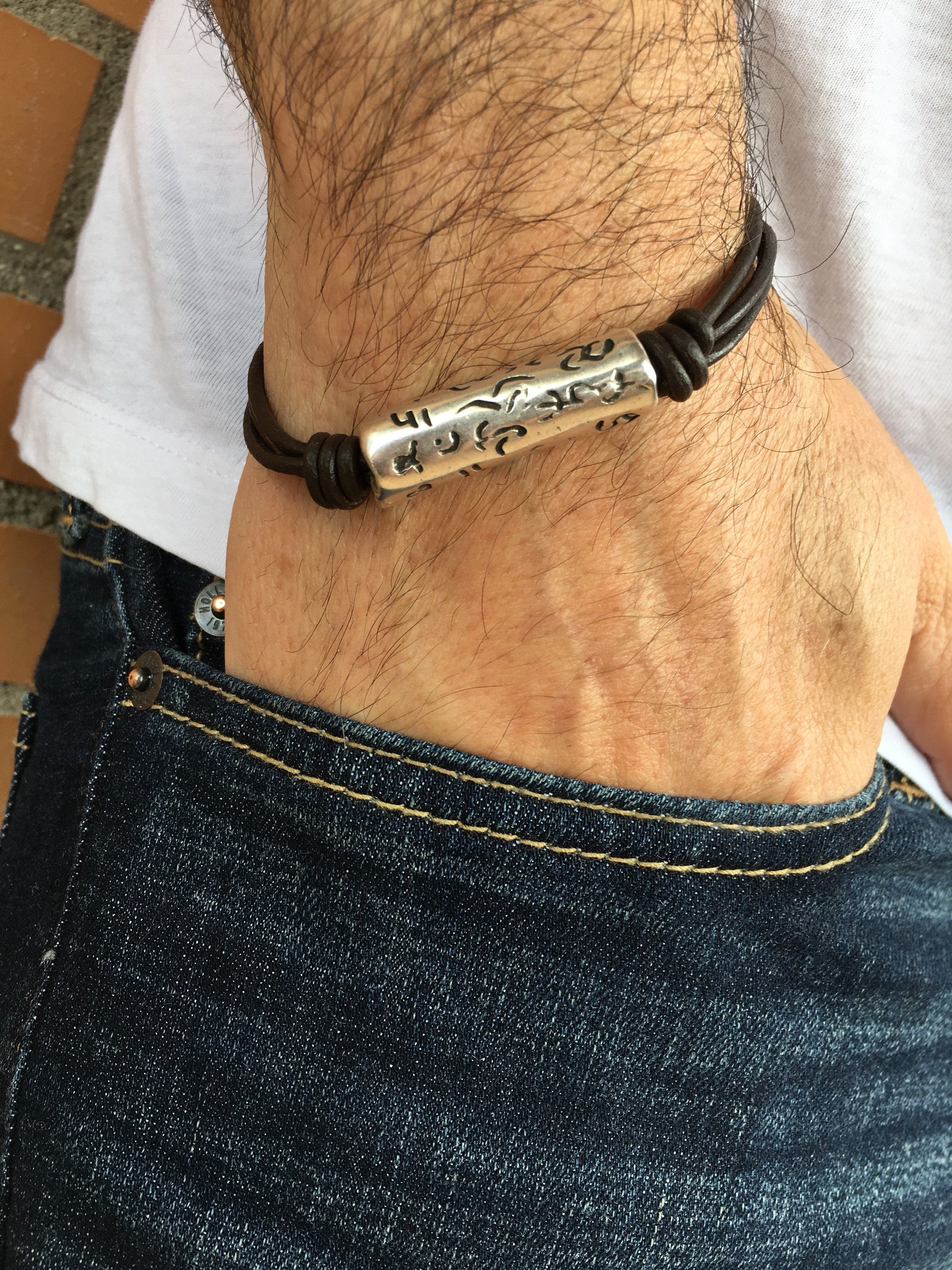 leather bracelet for men, silver bracelet, silver beads bracelet, surf bracelet, rock bracelet,